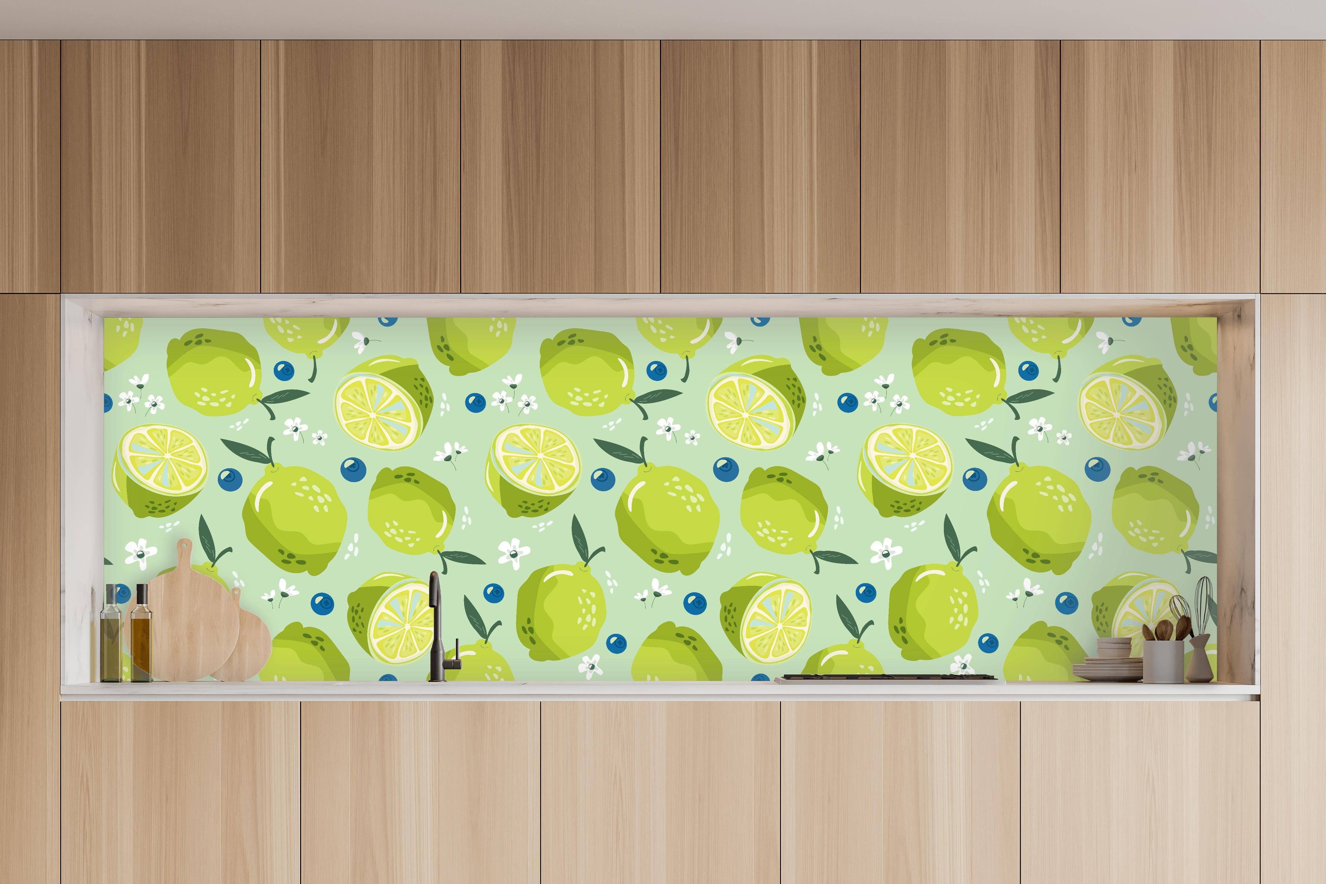 Küche - Citrus-Limetten-Muster in charakteristischer Vollholz-Küche mit modernem Gasherd