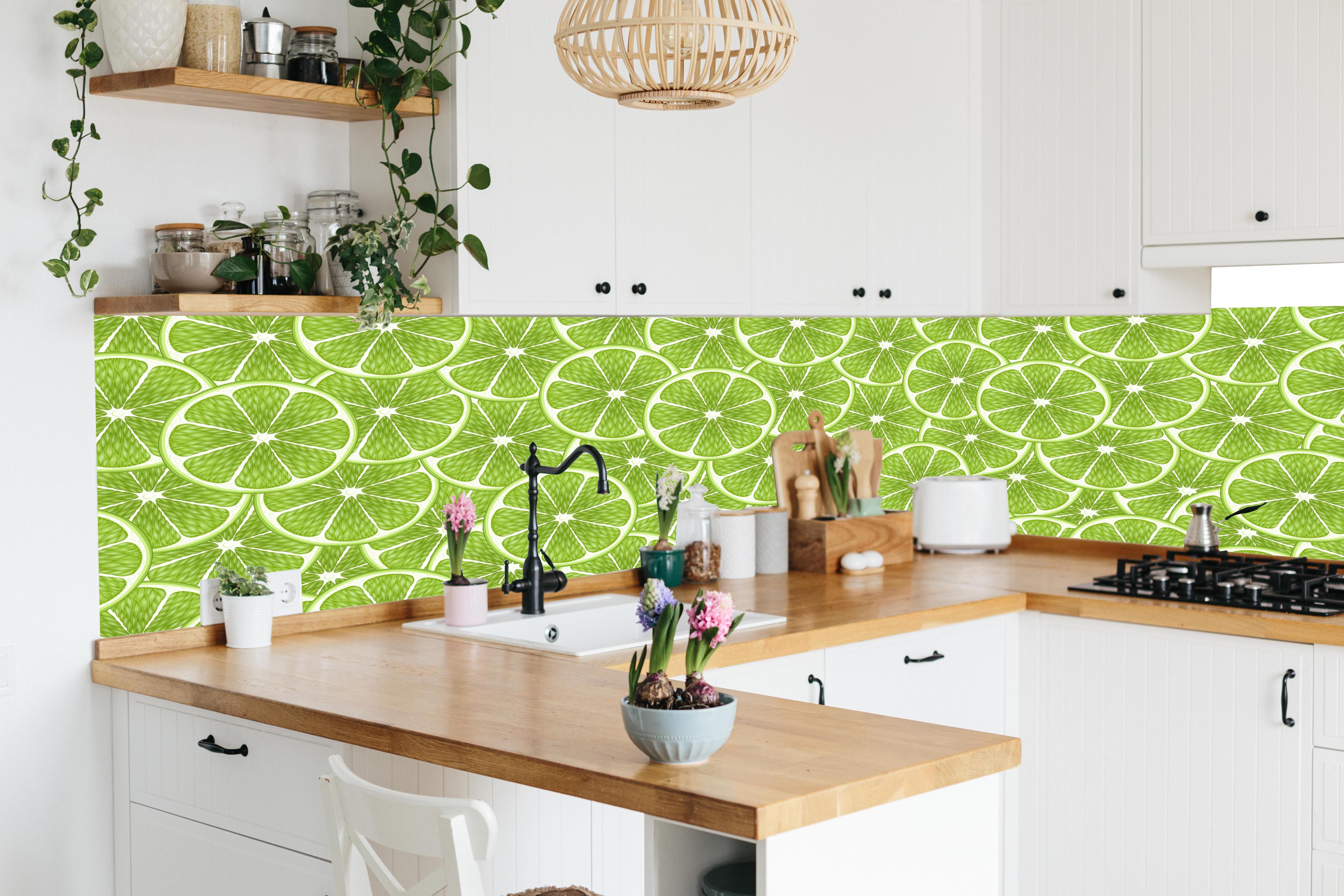 Küche - Citrus Limettenmuster Grün in lebendiger Küche mit bunten Blumen