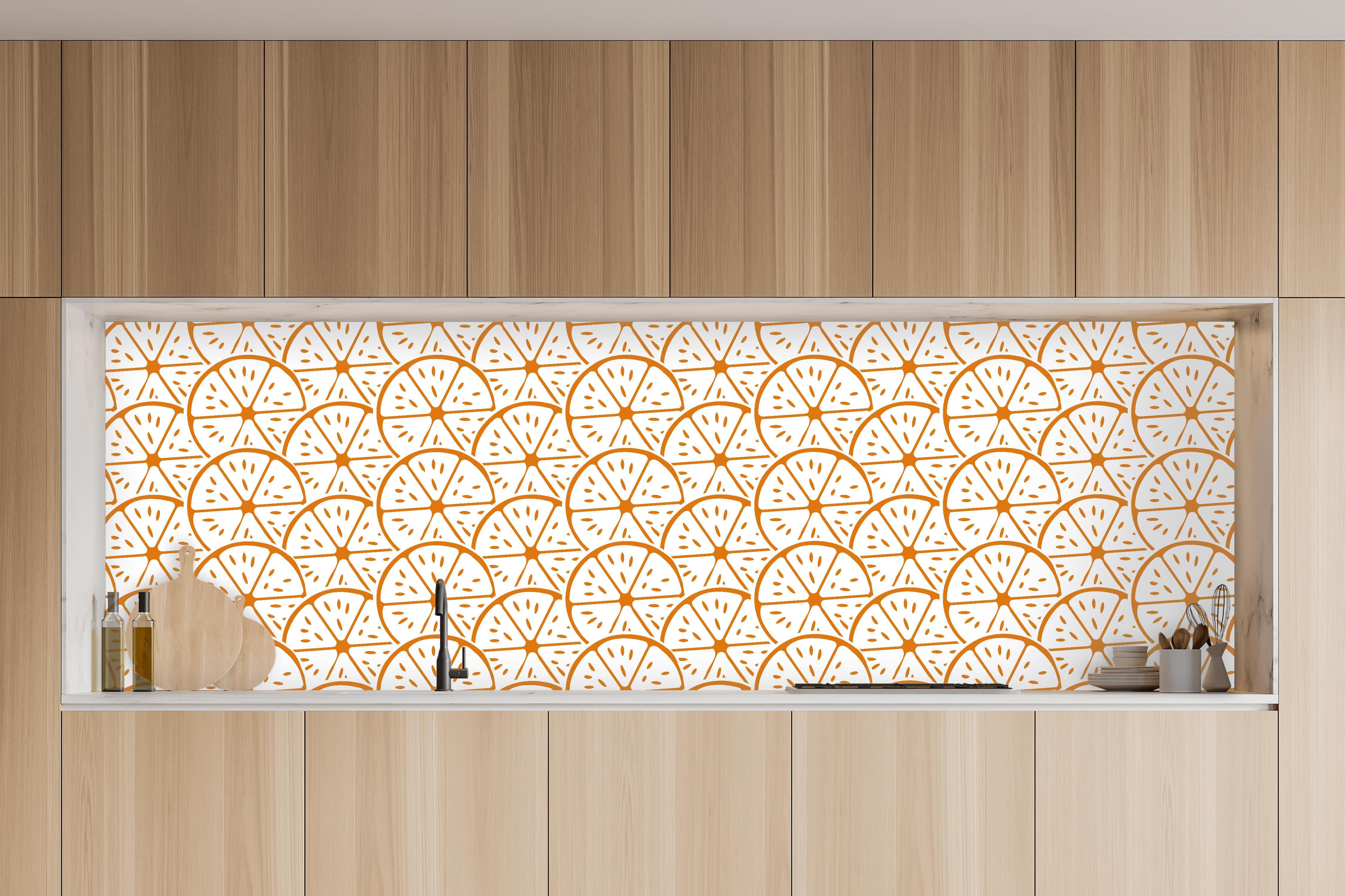 Küche - Citrus Orange Fizz Muster in charakteristischer Vollholz-Küche mit modernem Gasherd