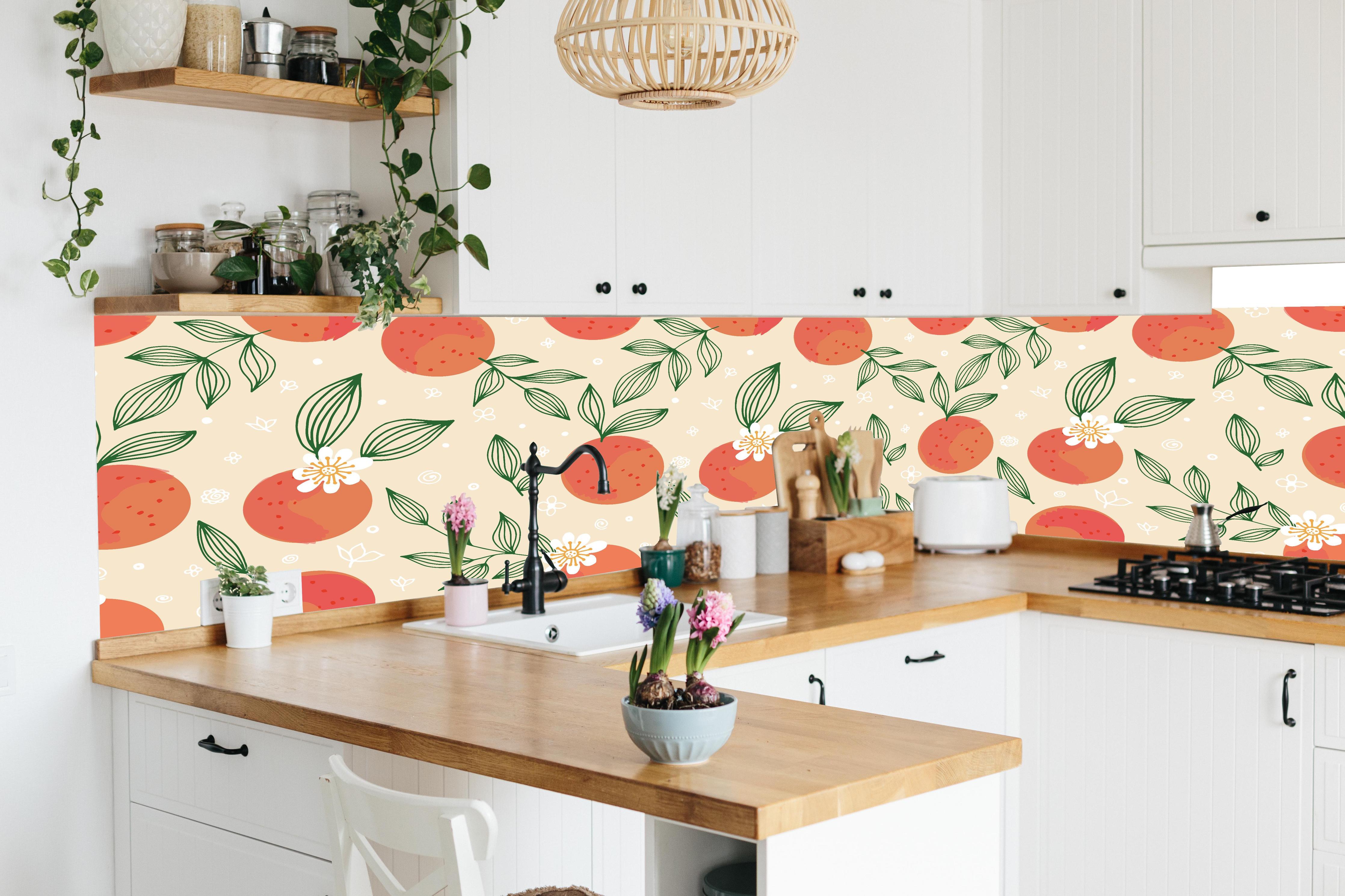 Küche - Citrus Orange Muster Beige in lebendiger Küche mit bunten Blumen