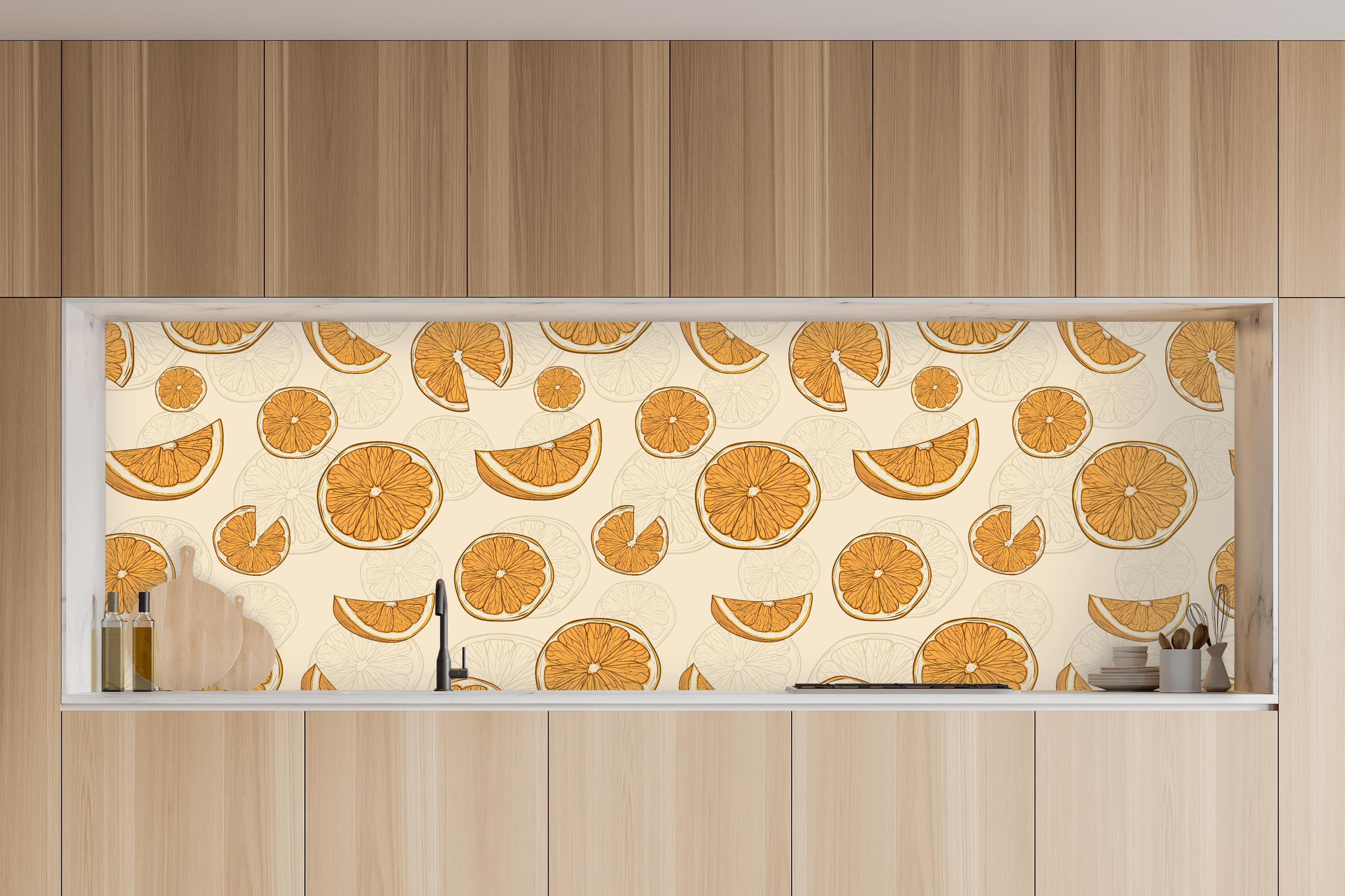 Küche - Citrus Orange Orangenmuster in charakteristischer Vollholz-Küche mit modernem Gasherd