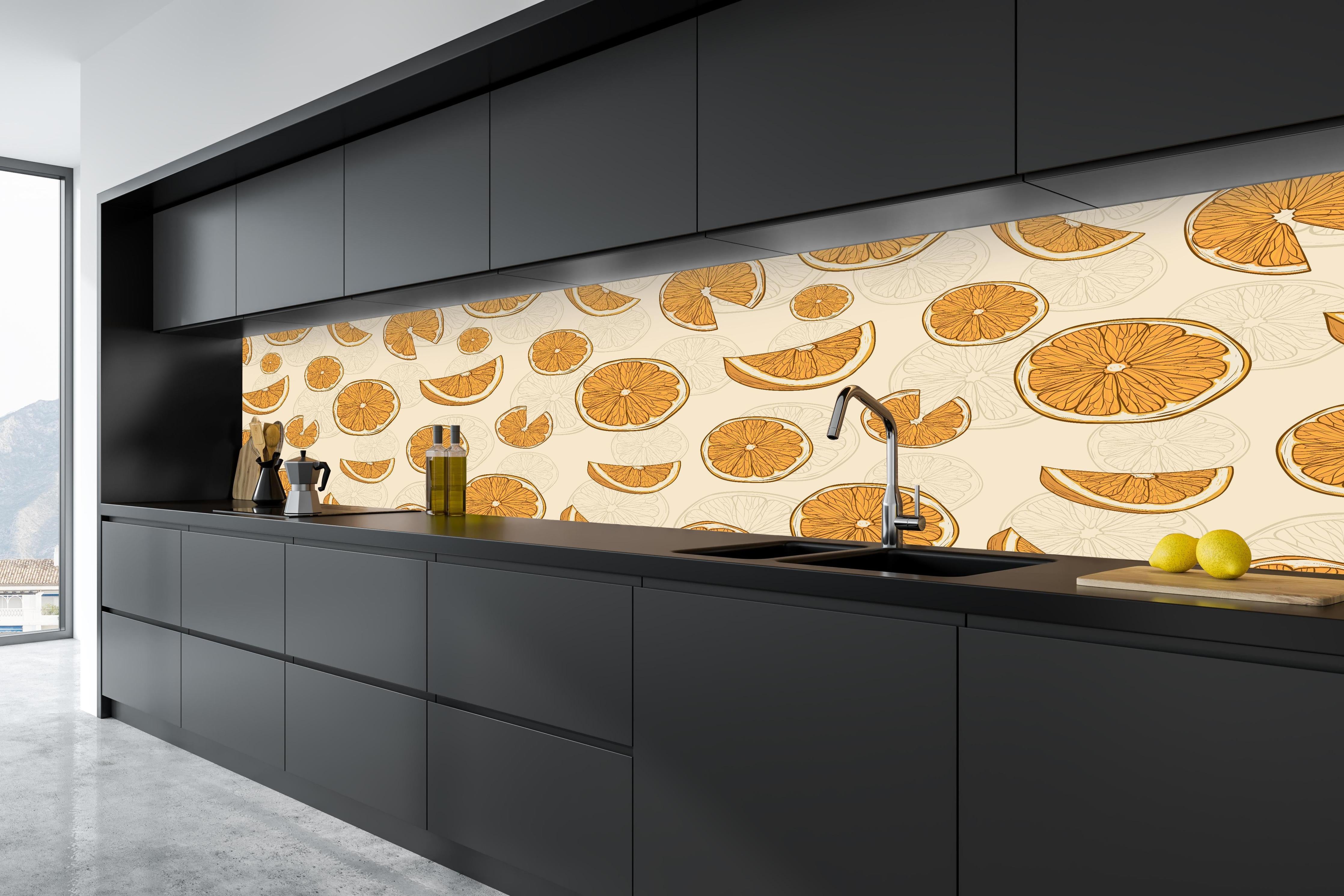 Küche - Citrus Orange Orangenmuster in tiefschwarzer matt-premium Einbauküche