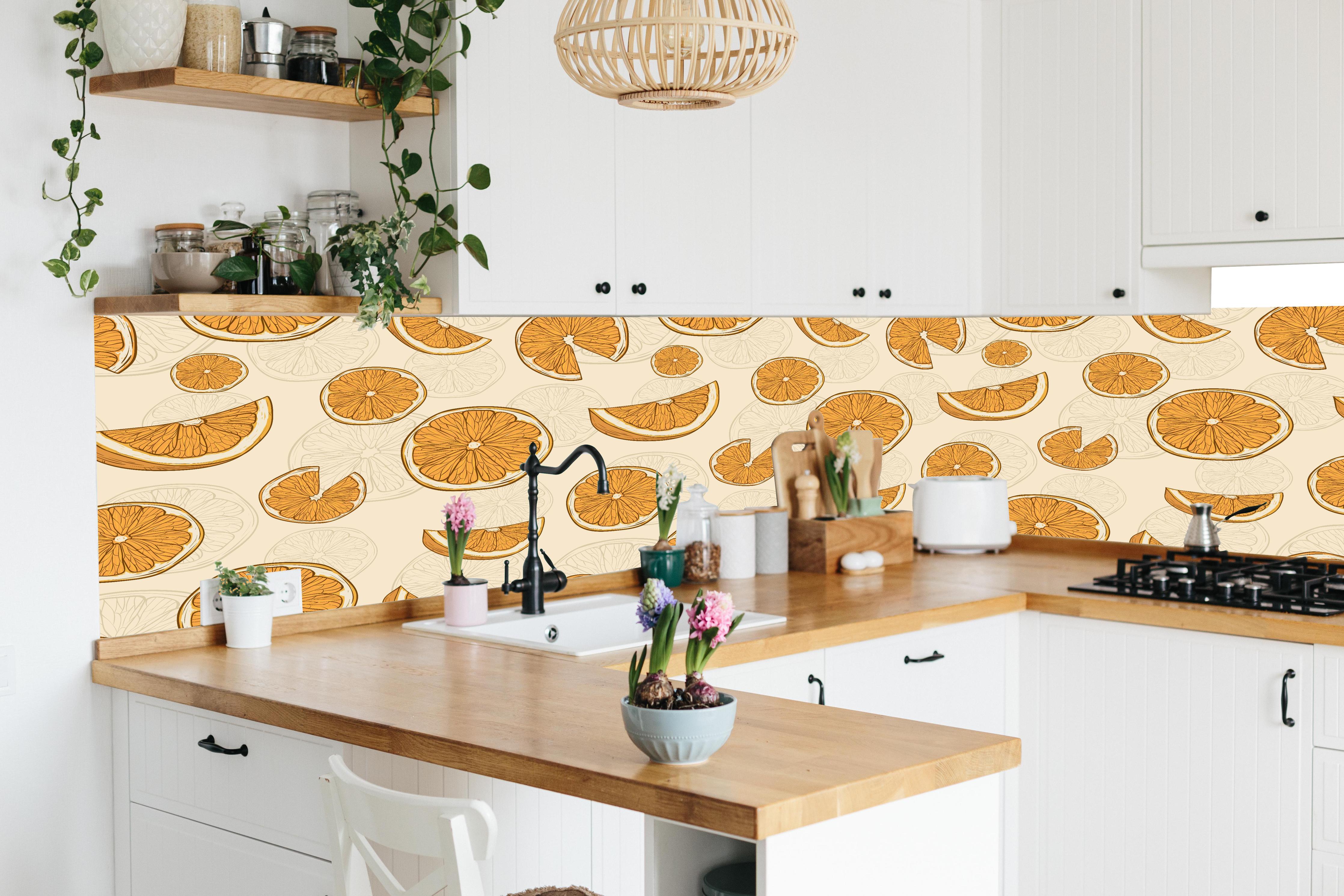 Küche - Citrus Orange Orangenmuster in lebendiger Küche mit bunten Blumen