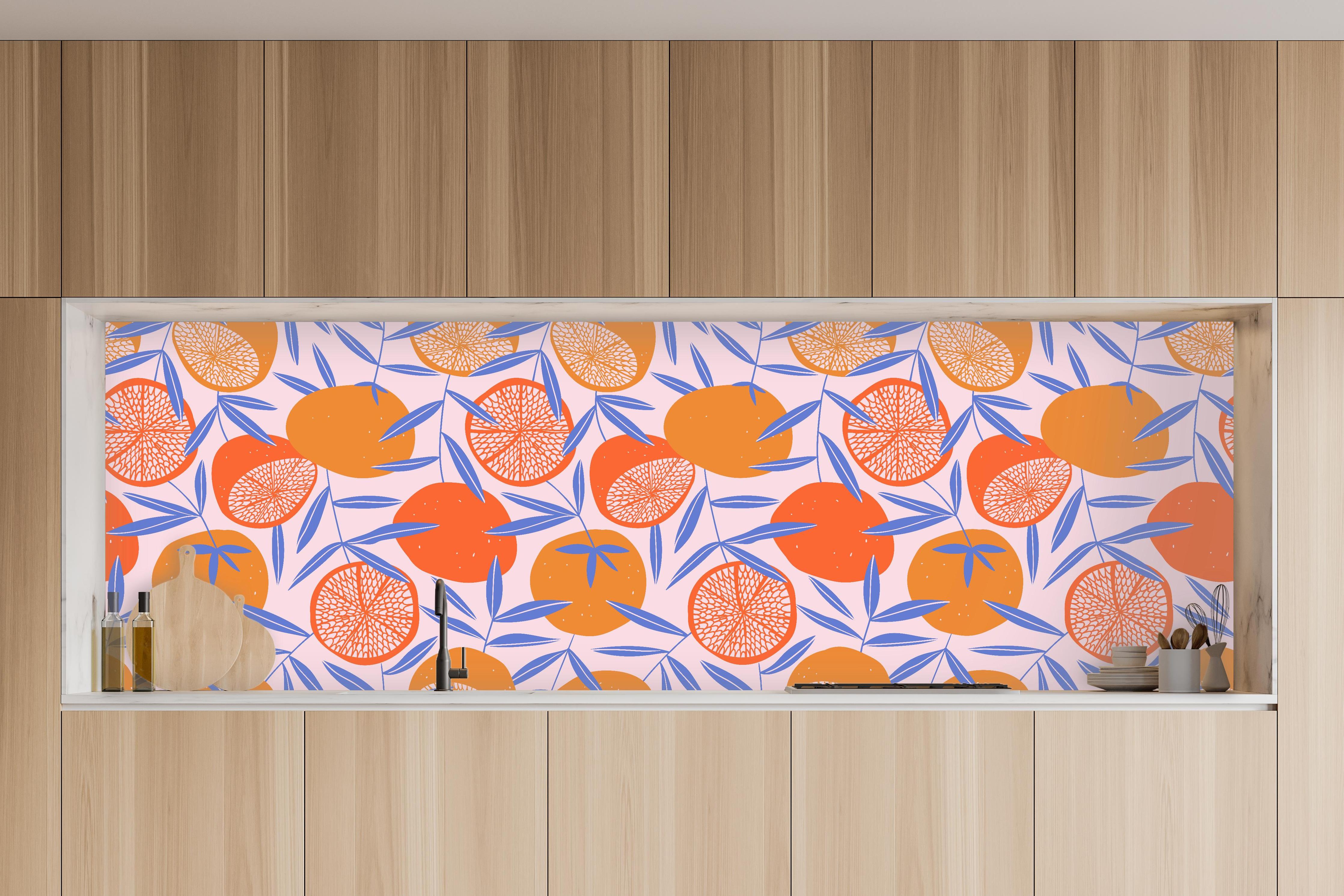 Küche - Citrus Orange Print in charakteristischer Vollholz-Küche mit modernem Gasherd