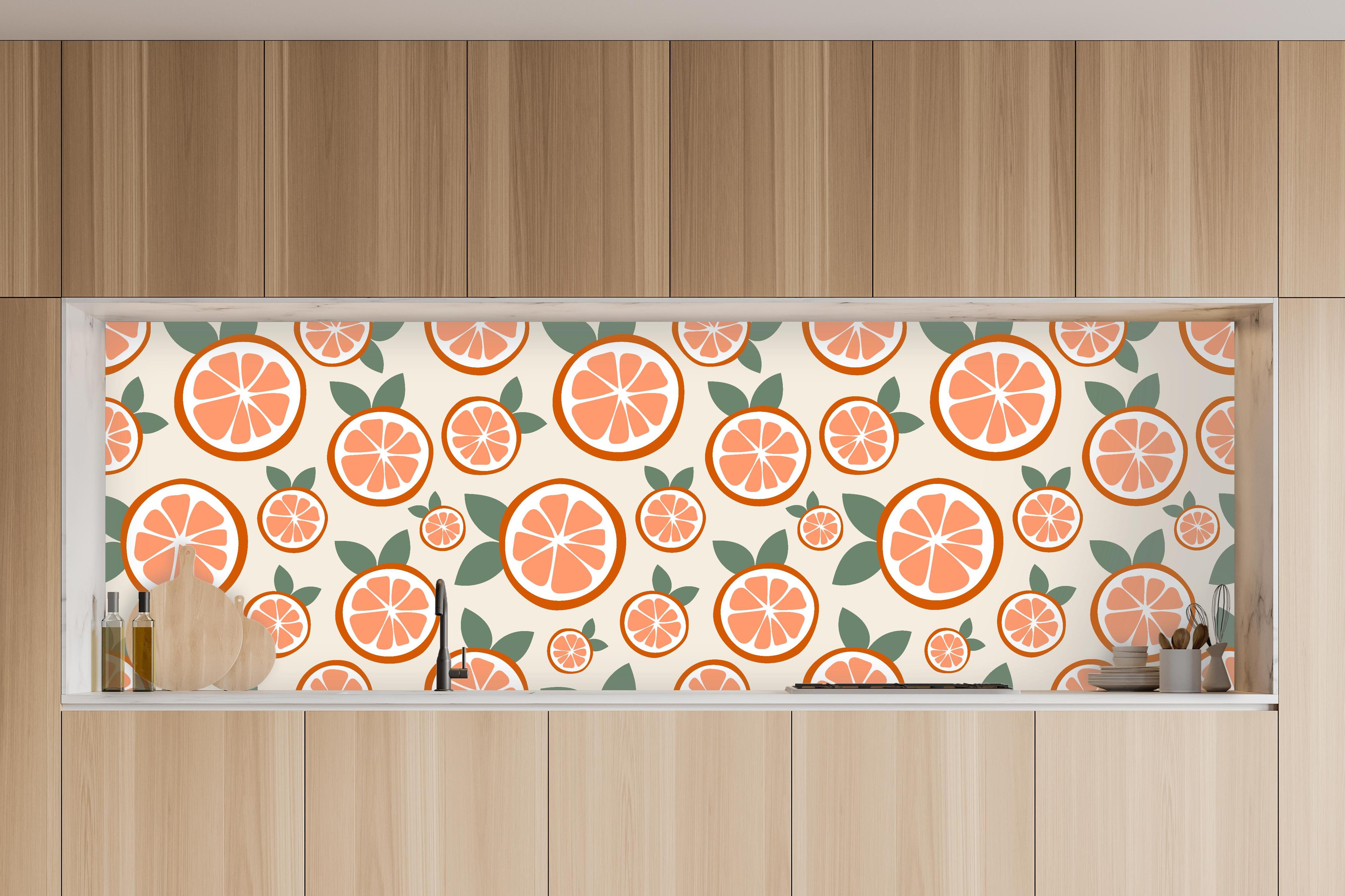 Küche - Citrus Orangenmuster Timeless Slice in charakteristischer Vollholz-Küche mit modernem Gasherd