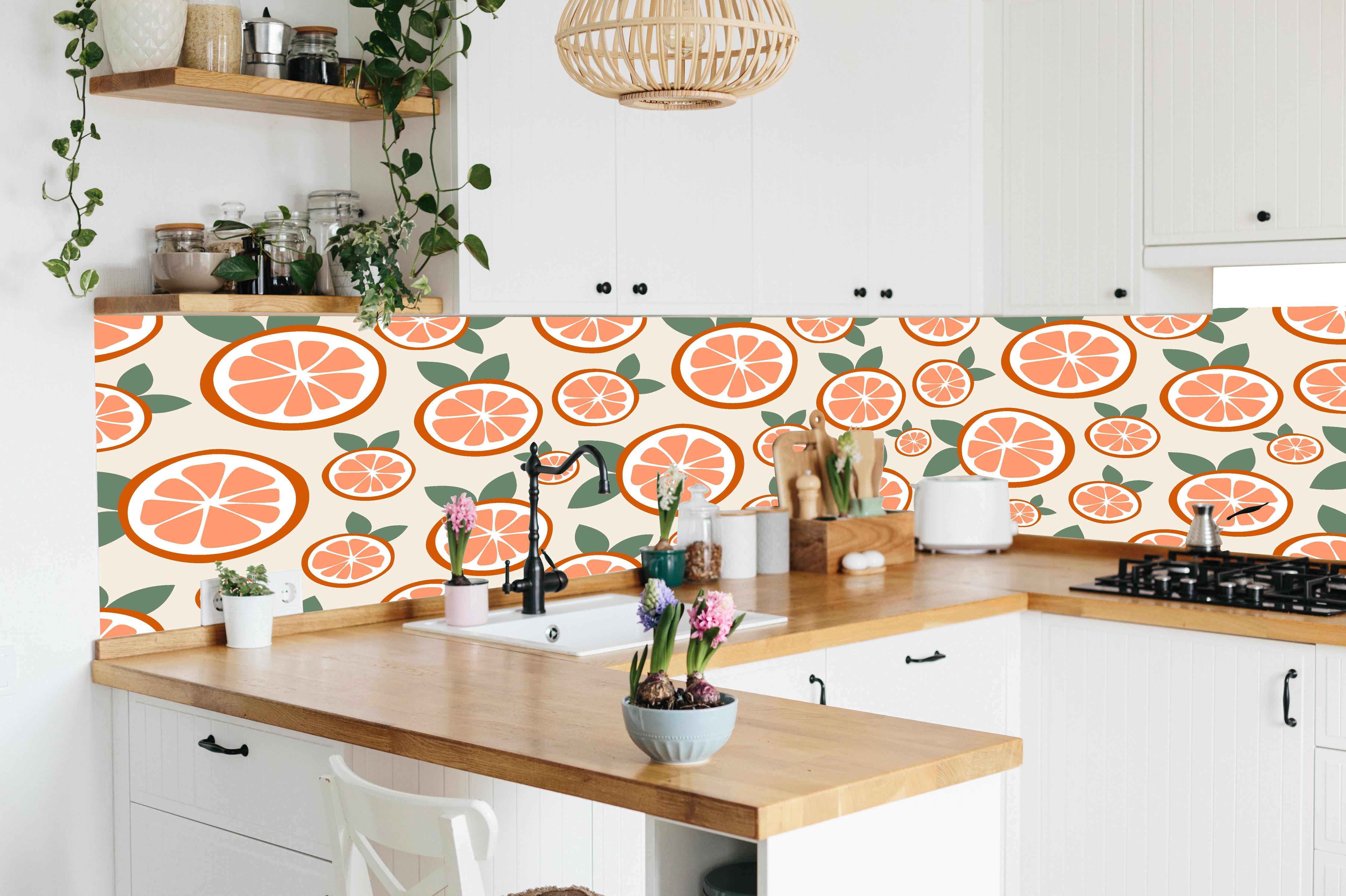 Küche - Citrus Orangenmuster Timeless Slice in lebendiger Küche mit bunten Blumen