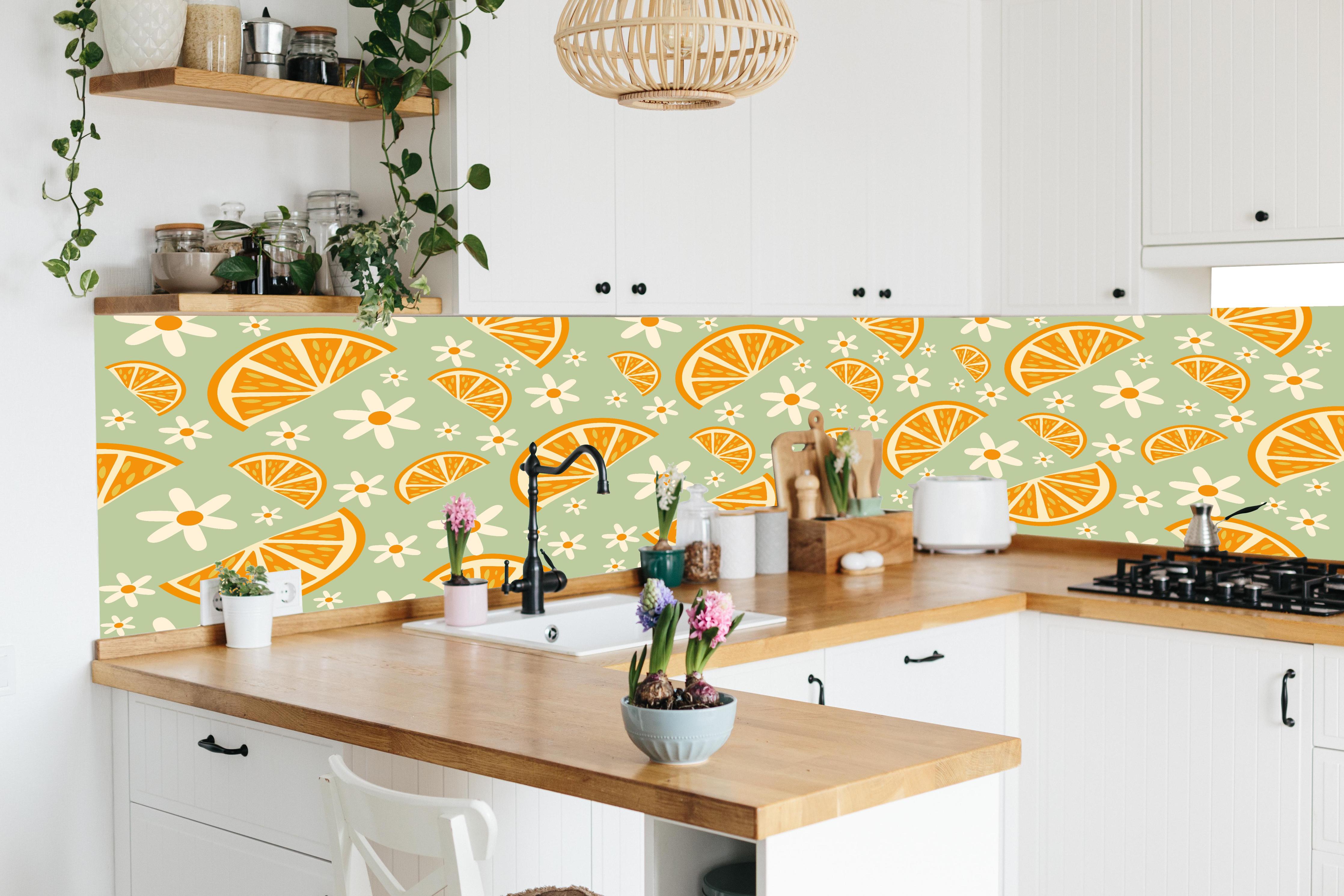 Küche - Citrus-Orangenmuster in Mint in lebendiger Küche mit bunten Blumen