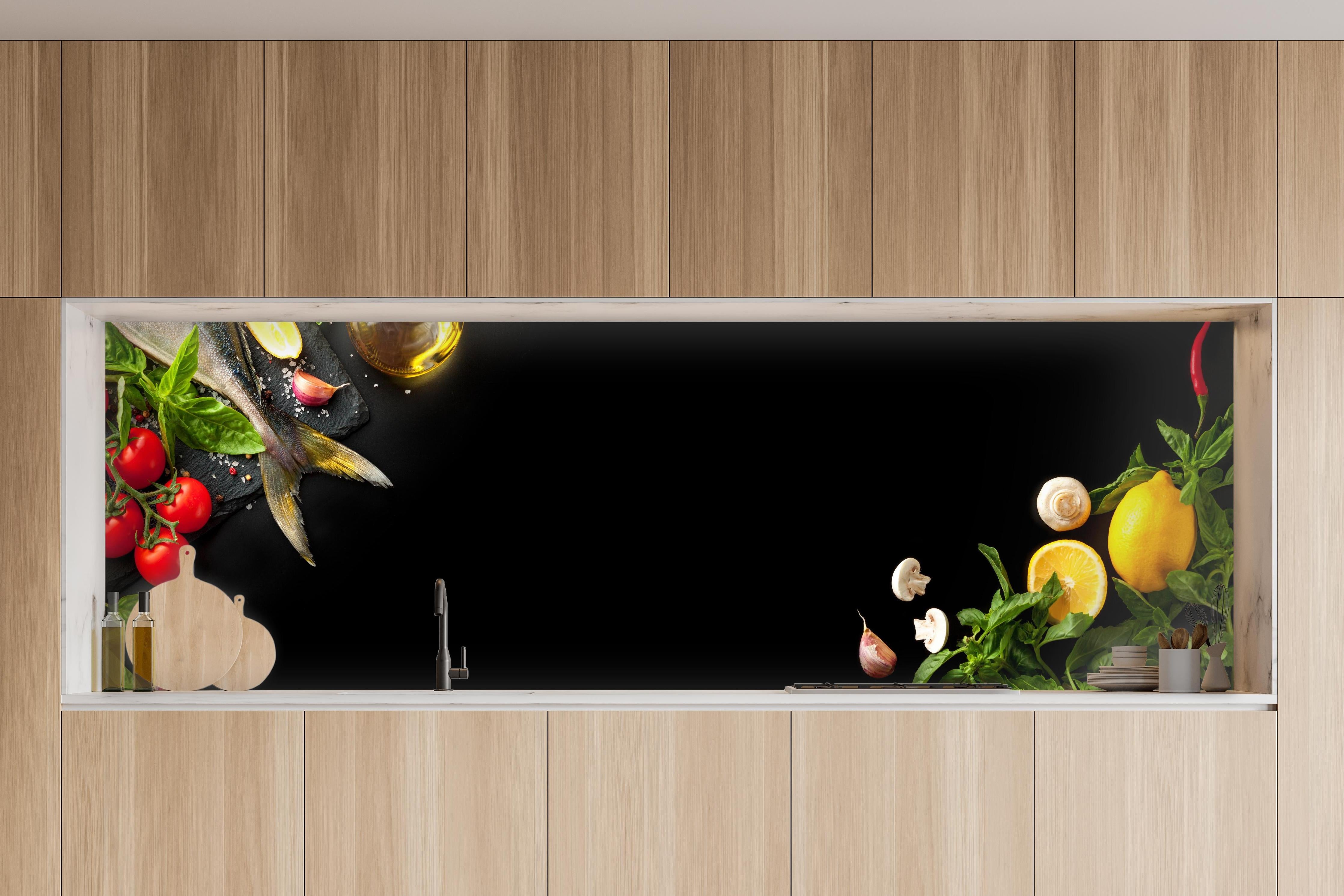 Küche - Fischzutaten auf schwarzem Hintergrund in charakteristischer Vollholz-Küche mit modernem Gasherd