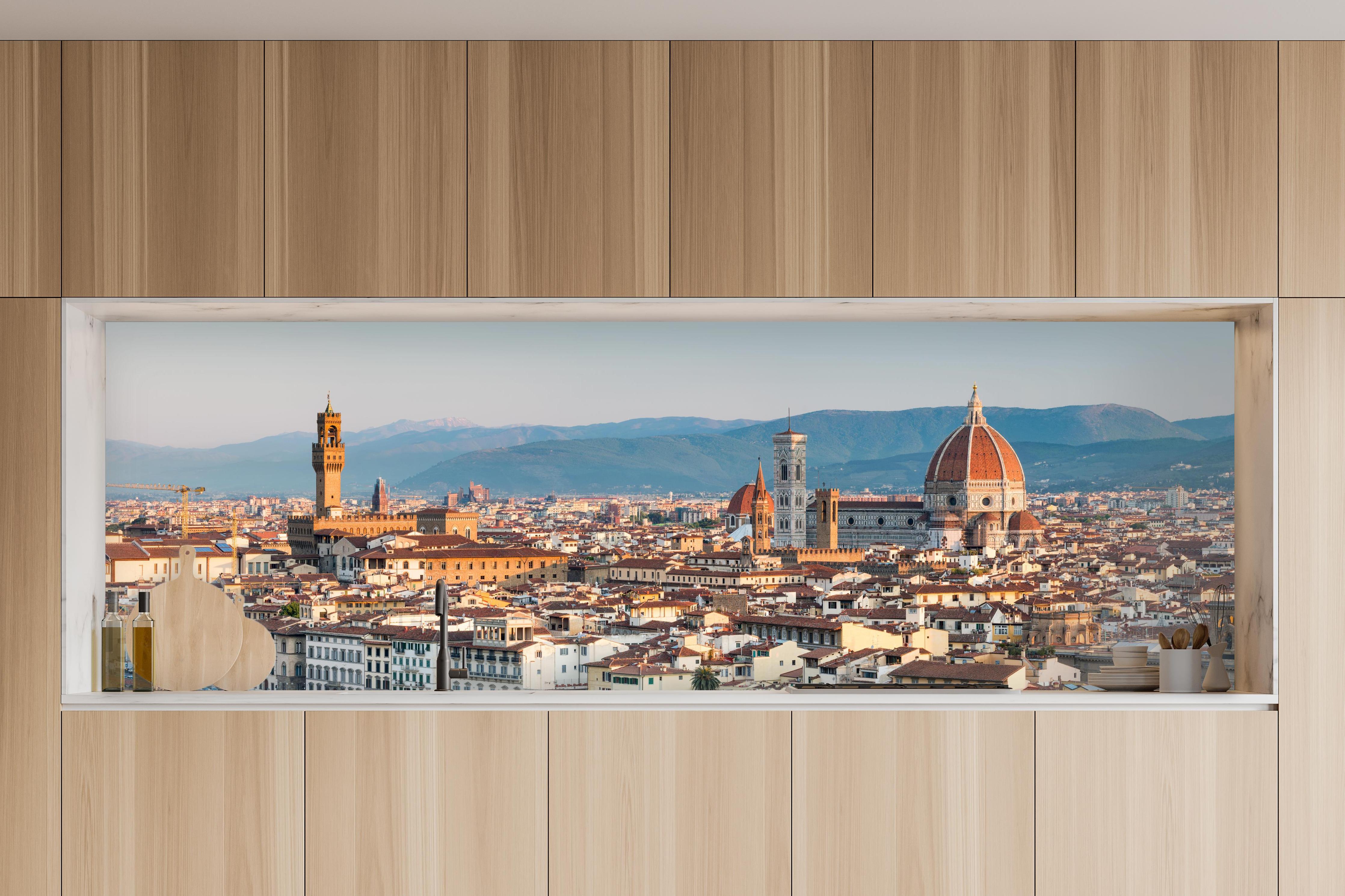 Küche - Florenz Skyline Blau-Beige in charakteristischer Vollholz-Küche mit modernem Gasherd