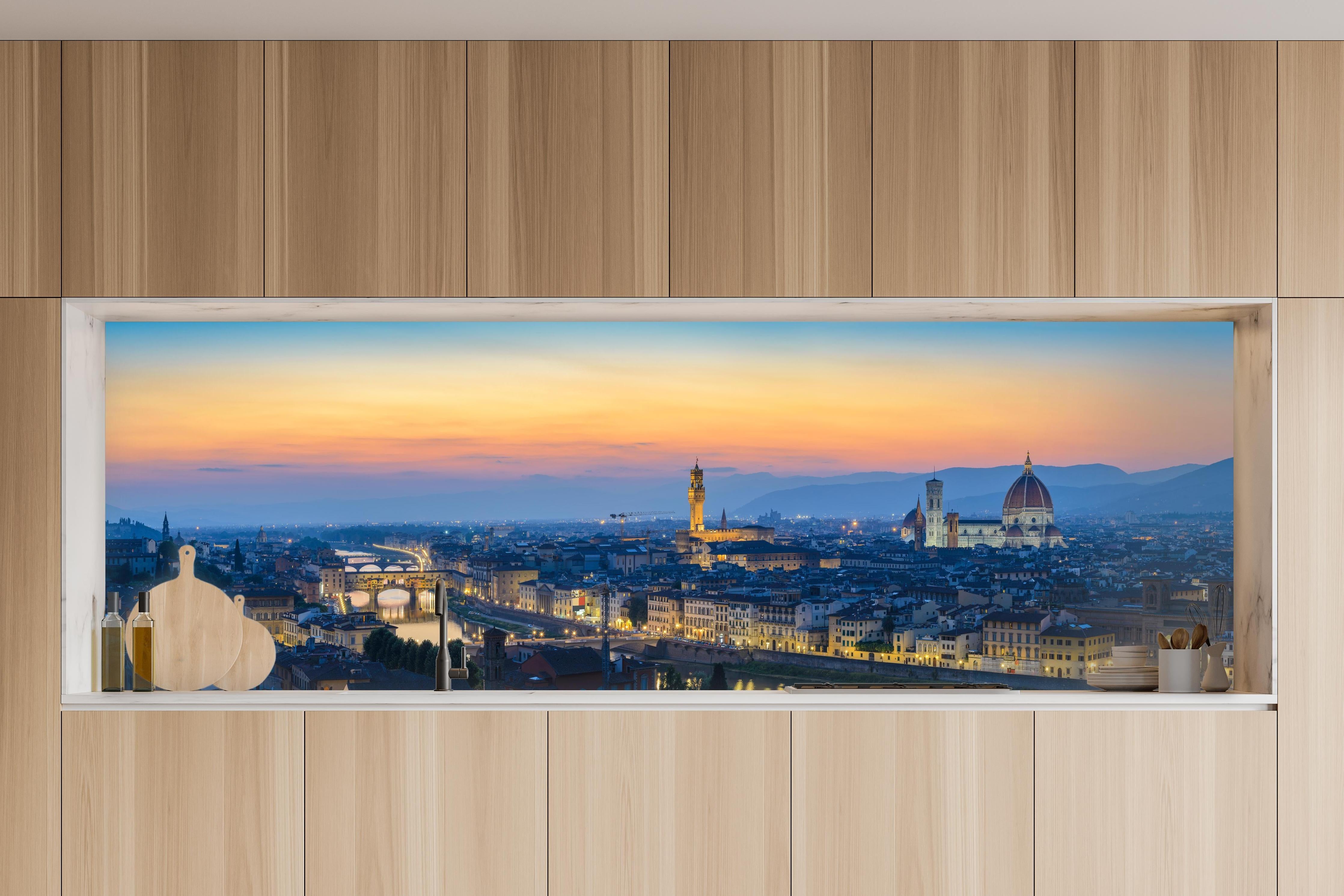 Küche - Florenz Skyline im Sonnenuntergang in charakteristischer Vollholz-Küche mit modernem Gasherd