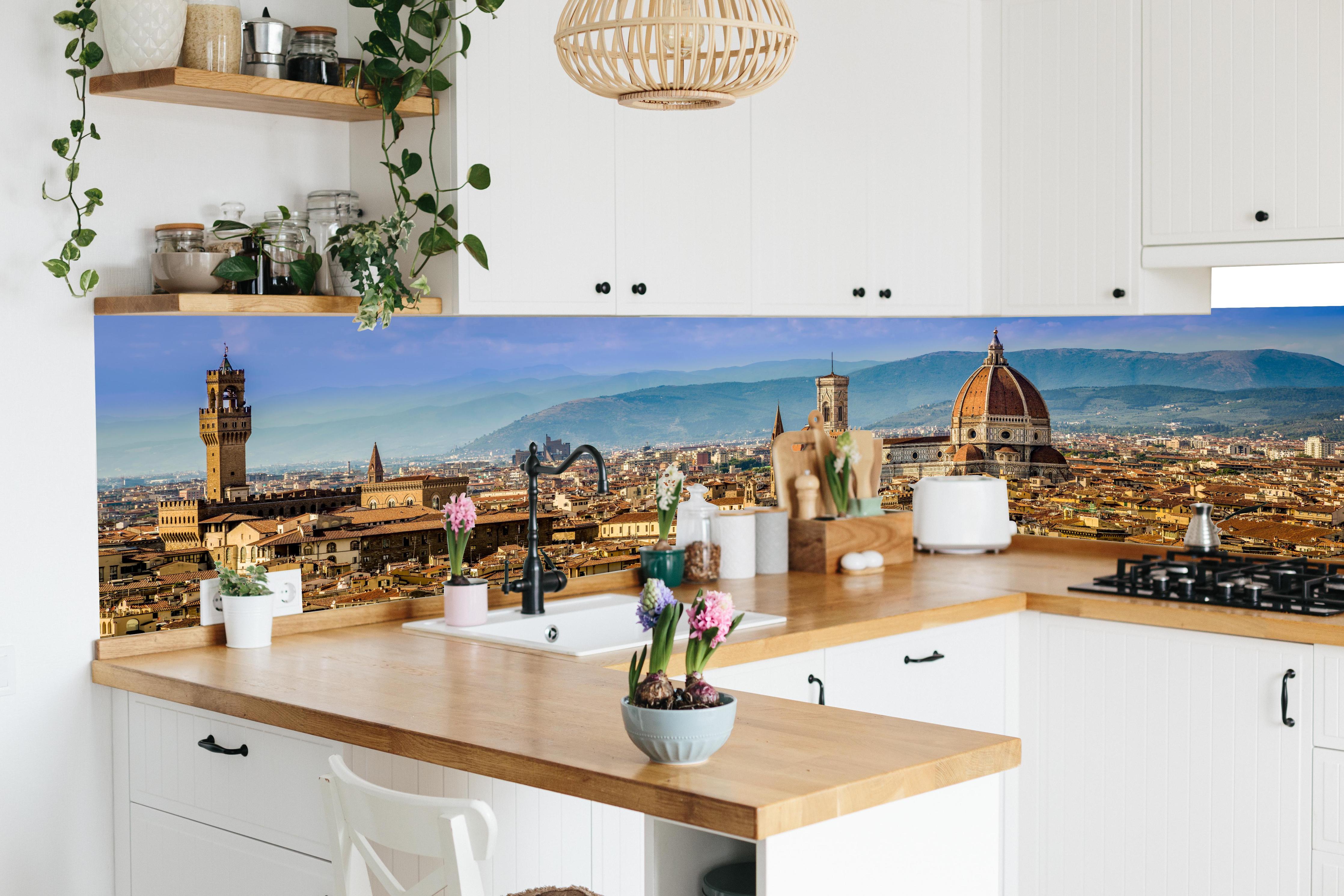 Küche - Florenz Skyline mit Duomo in lebendiger Küche mit bunten Blumen