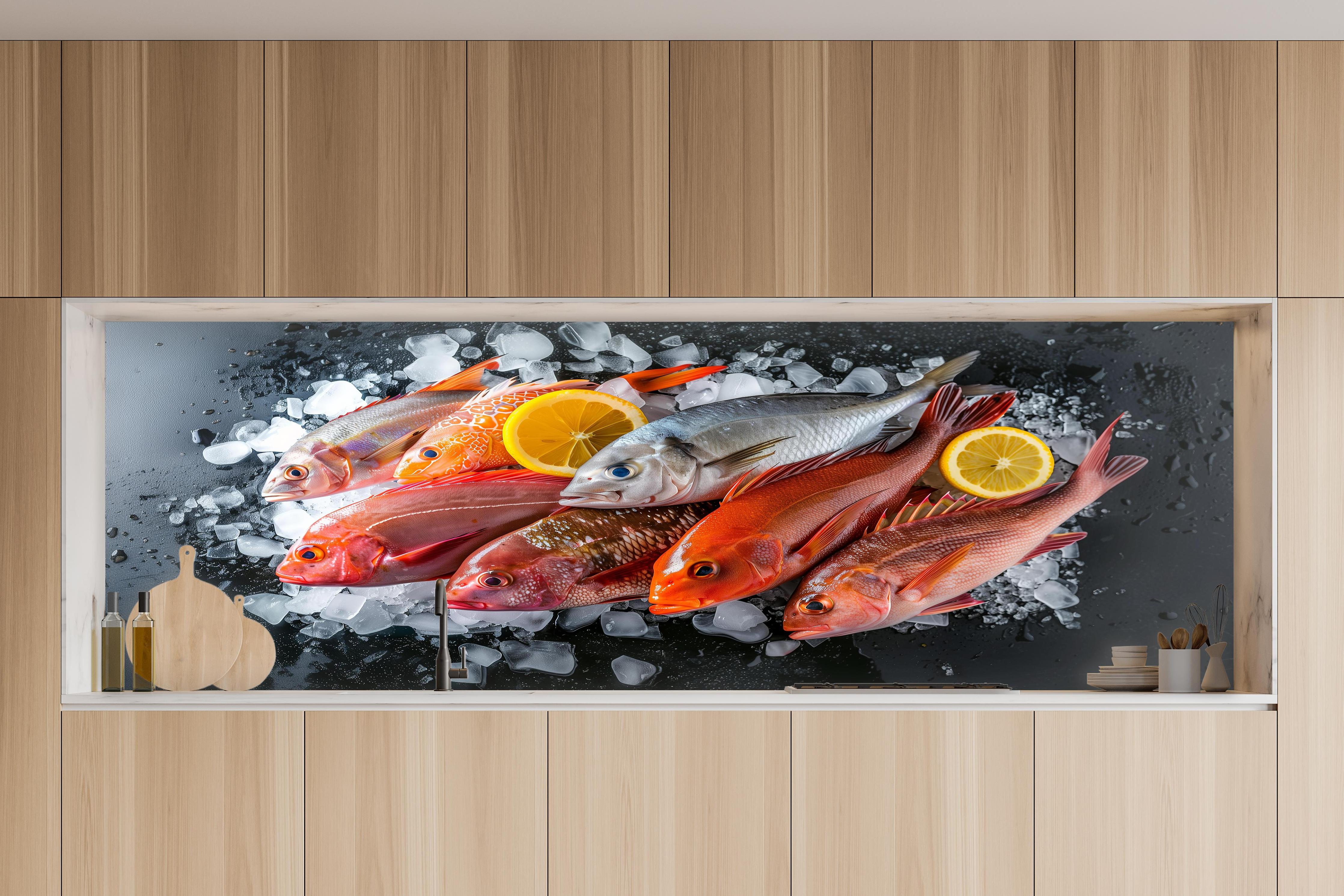 Küche - Frische Meeresfische auf Eis in charakteristischer Vollholz-Küche mit modernem Gasherd