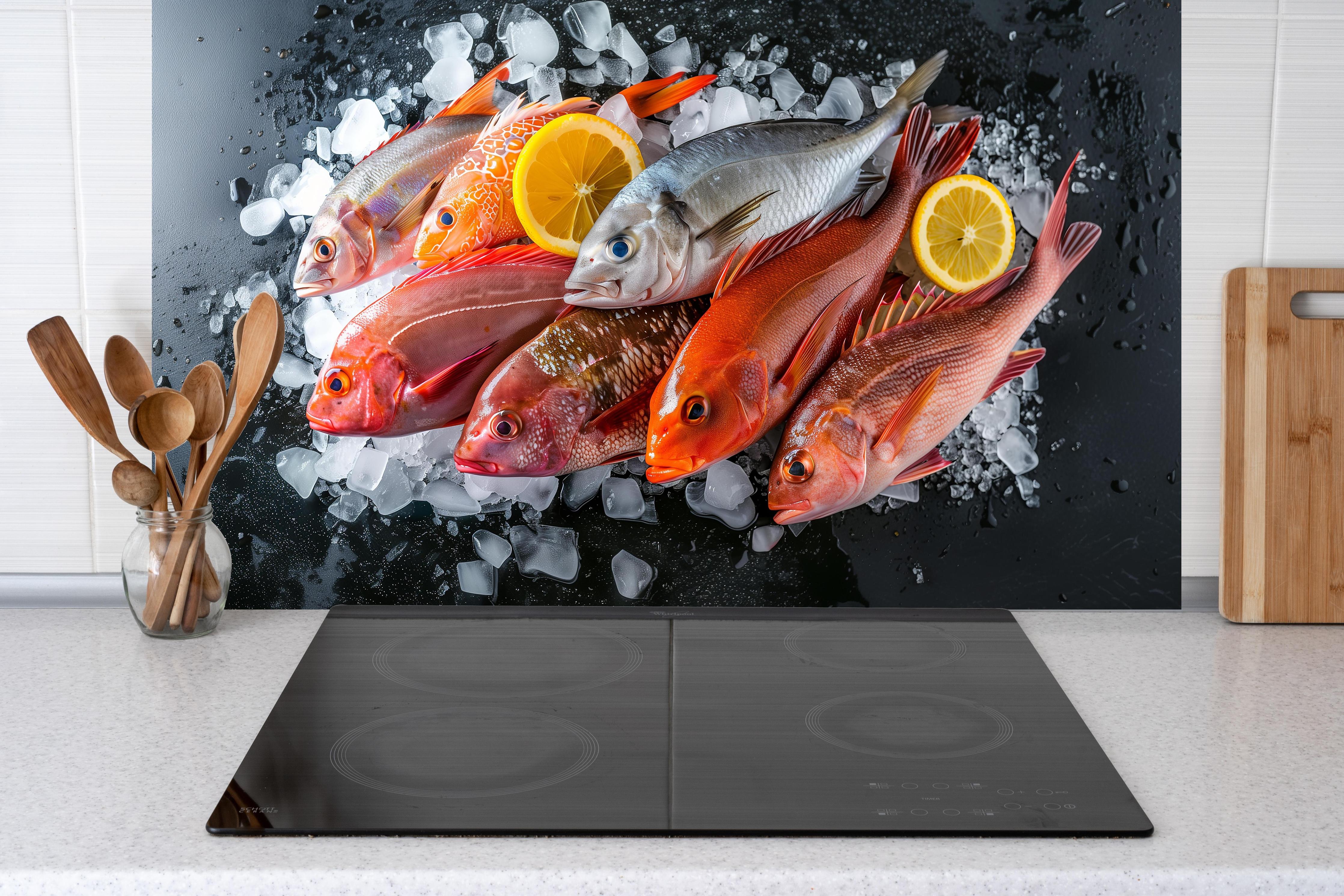 Küche - Frische Meeresfische auf Eis hinter Cerankochfeld und Holz-Kochutensilien