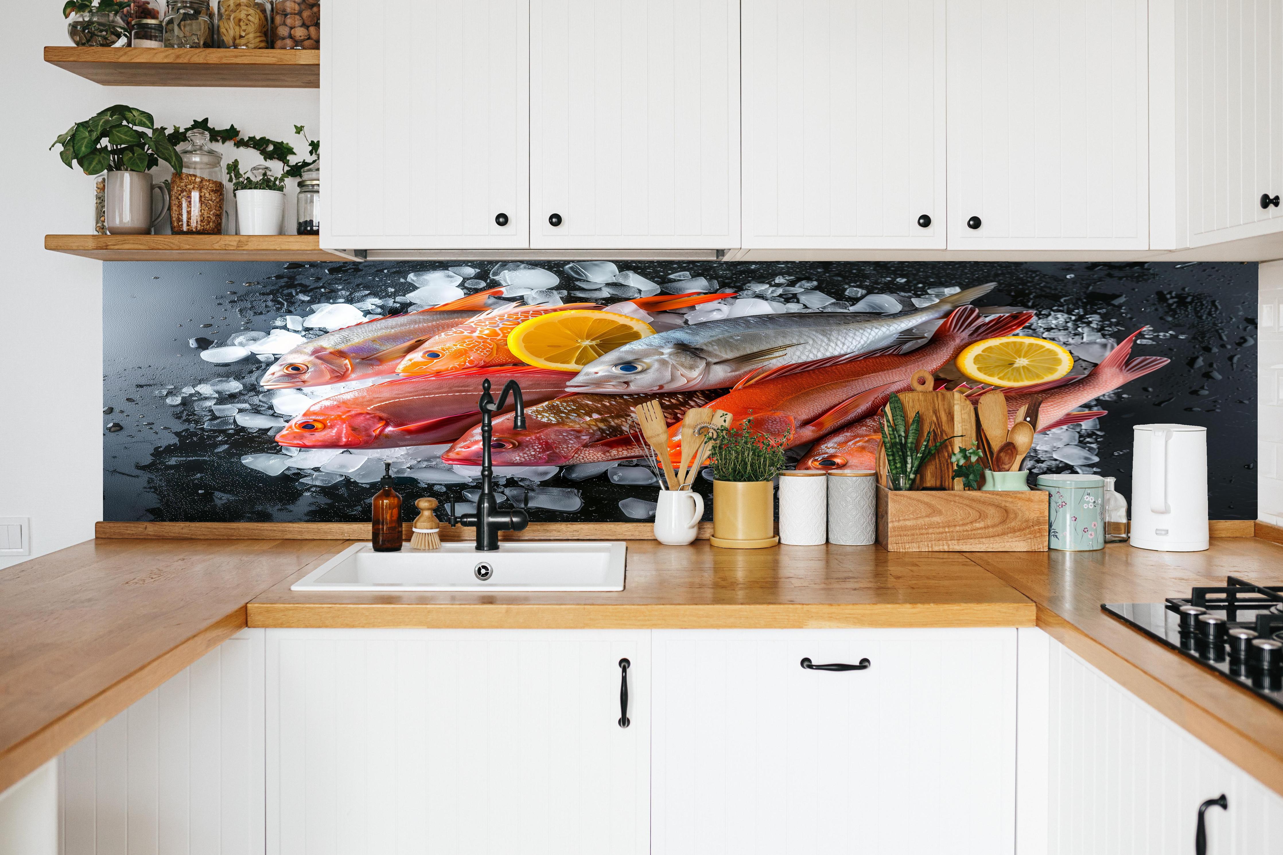 Küche - Frische Meeresfische auf Eis in weißer Küche hinter Gewürzen und Kochlöffeln aus Holz