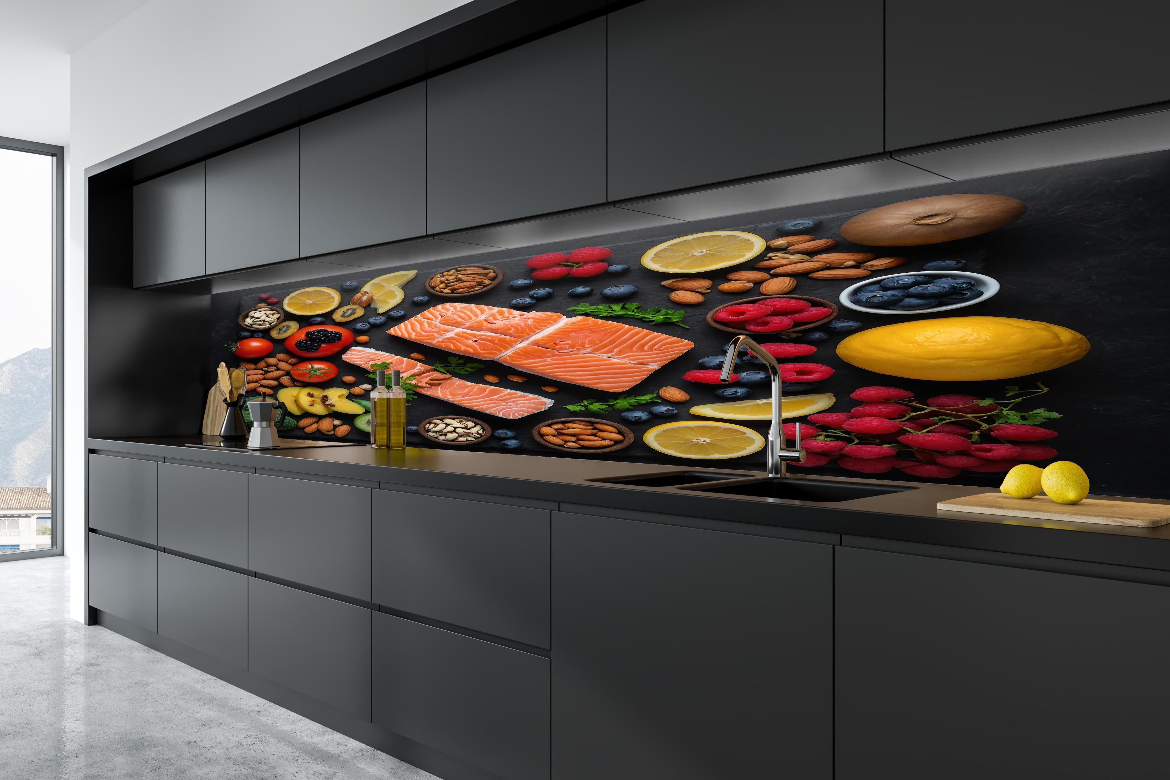 Küche - Frischer Lachs mit Beeren in tiefschwarzer matt-premium Einbauküche