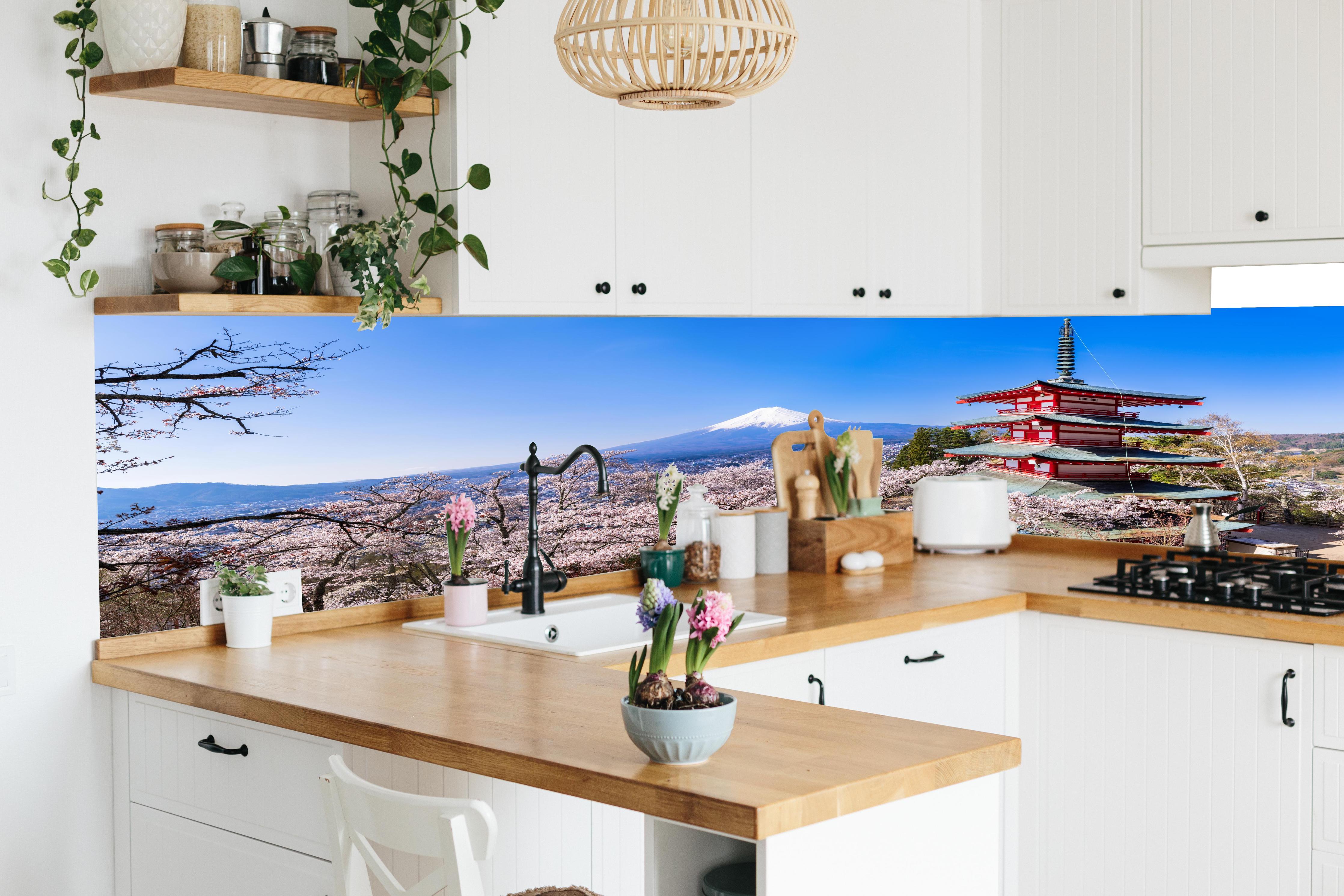 Küche - Fuji und Pagode im Kirschblütenmeer in lebendiger Küche mit bunten Blumen