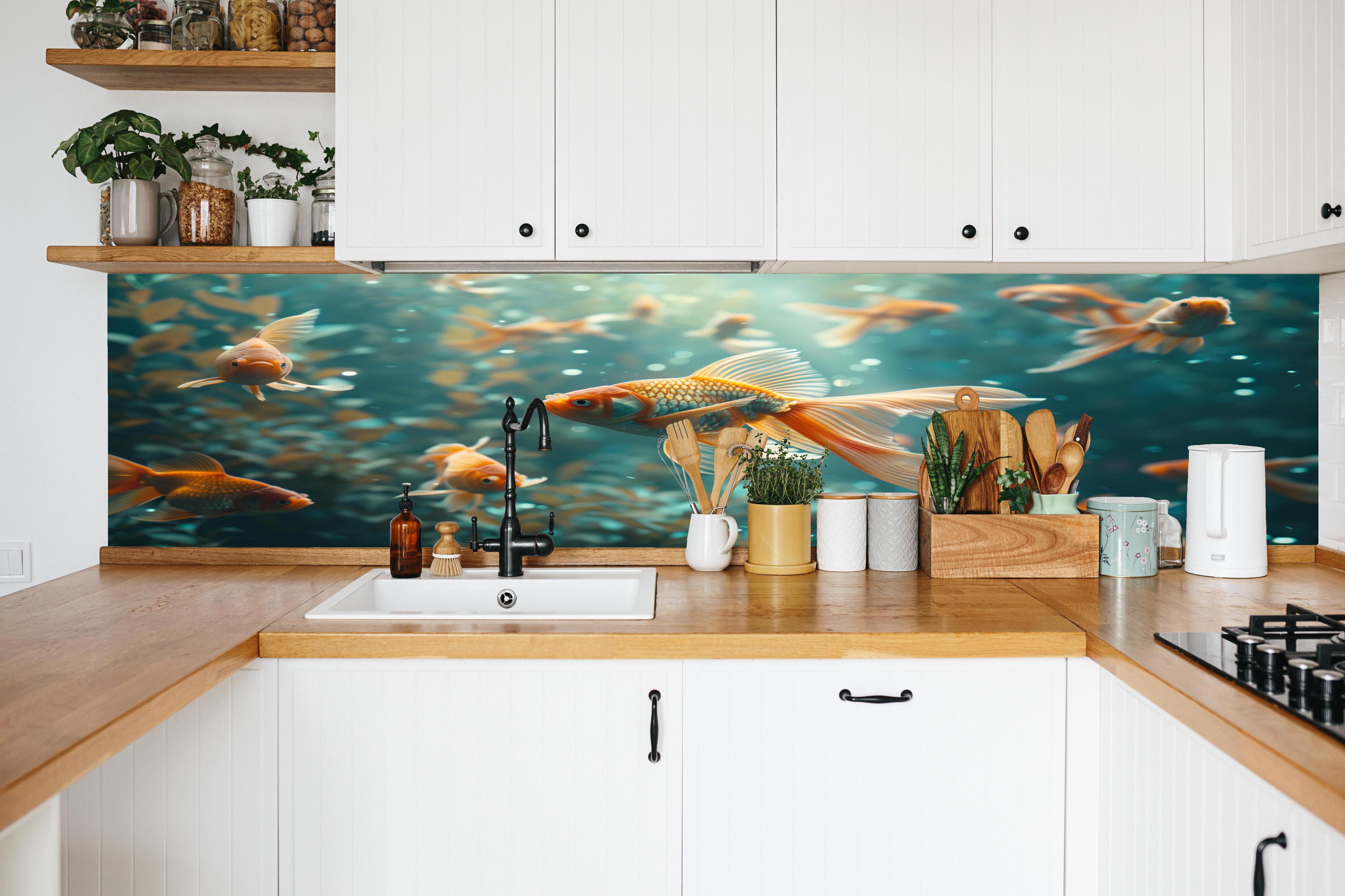 Küche - Goldfische Türkis-Orange in weißer Küche hinter Gewürzen und Kochlöffeln aus Holz