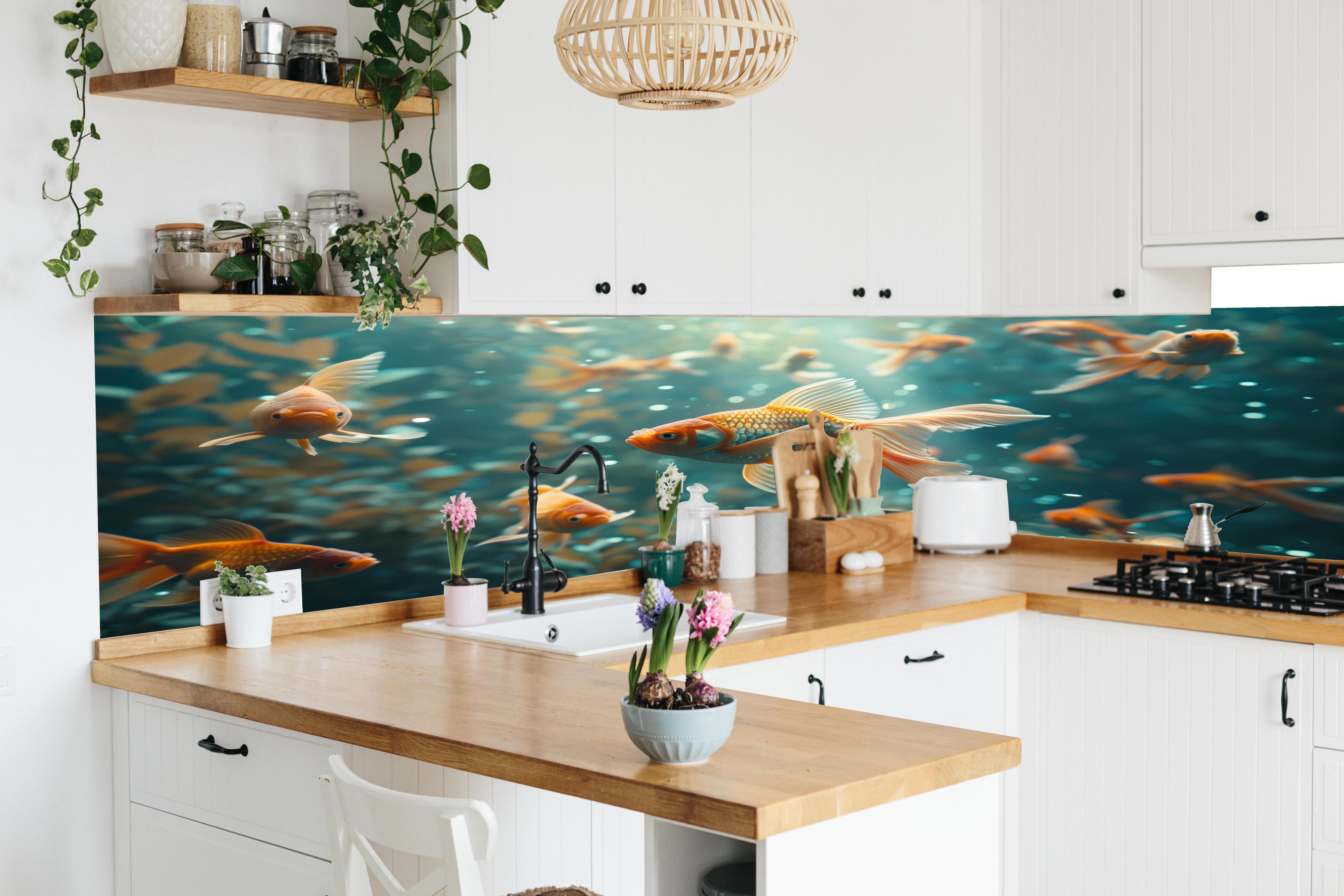 Küche - Goldfische Türkis-Orange in lebendiger Küche mit bunten Blumen