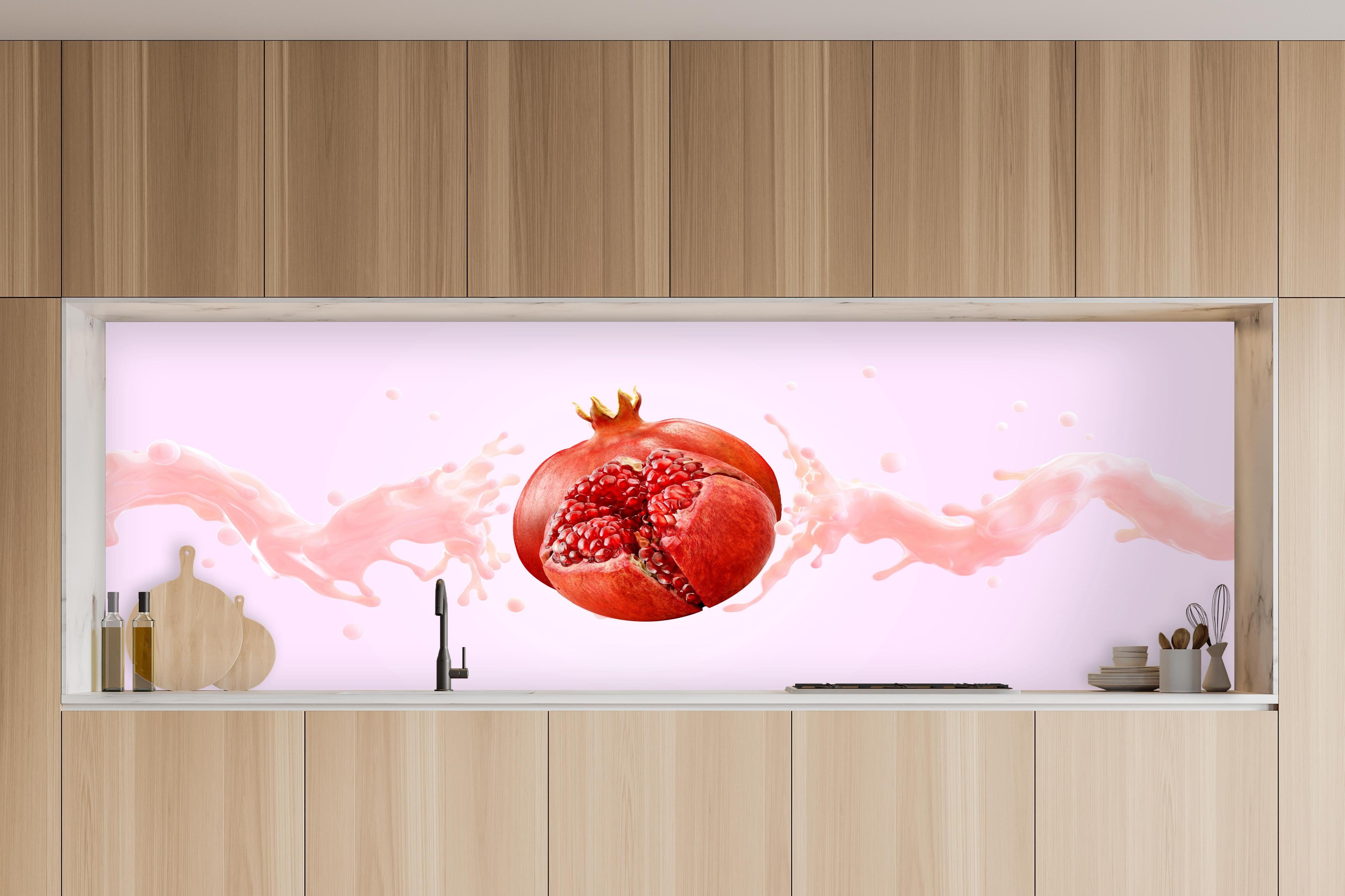 Küche - Granatapfel mit rosa Milch-Splash in charakteristischer Vollholz-Küche mit modernem Gasherd