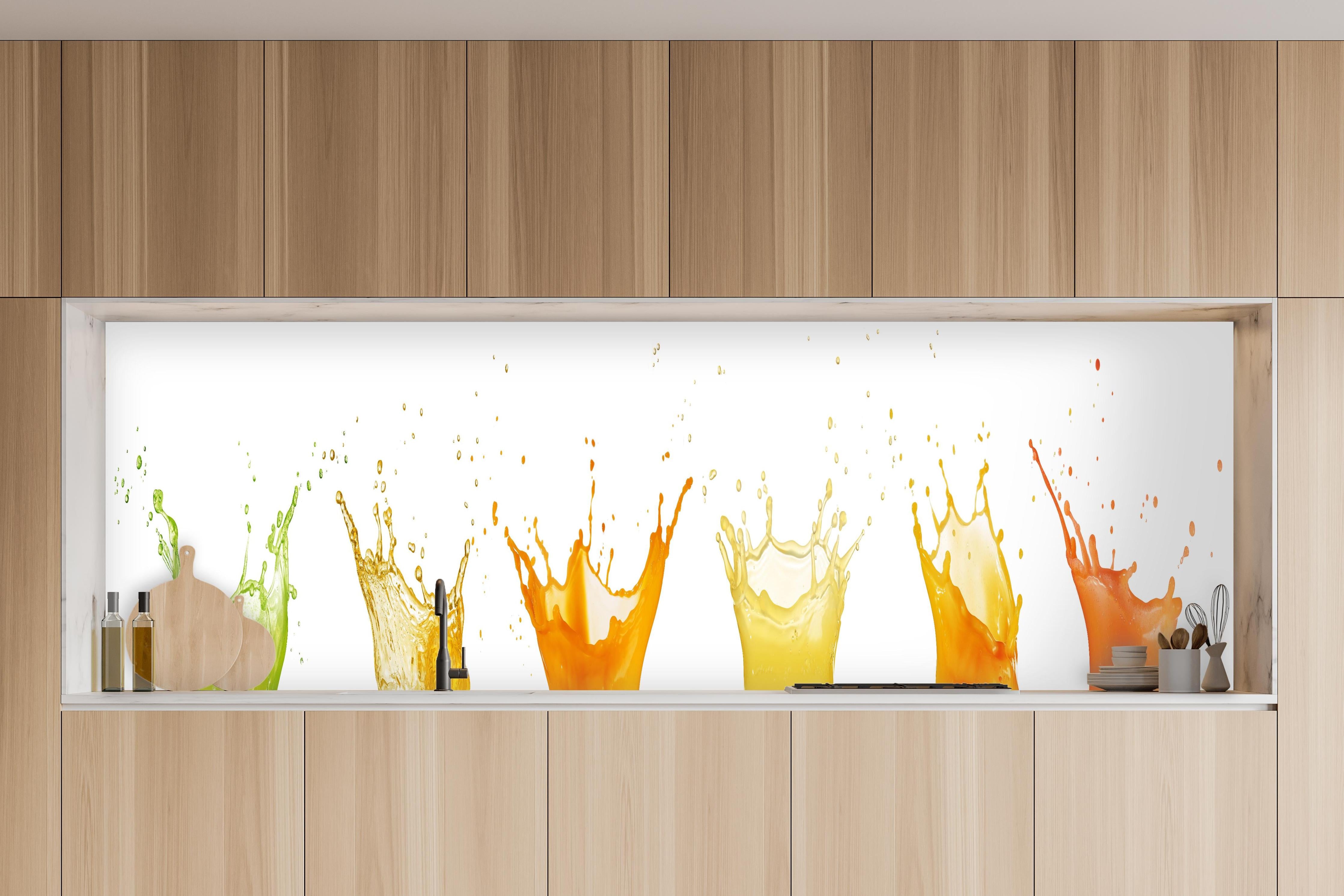 Küche - Grün-Gelb-Orange Wassersplash in charakteristischer Vollholz-Küche mit modernem Gasherd