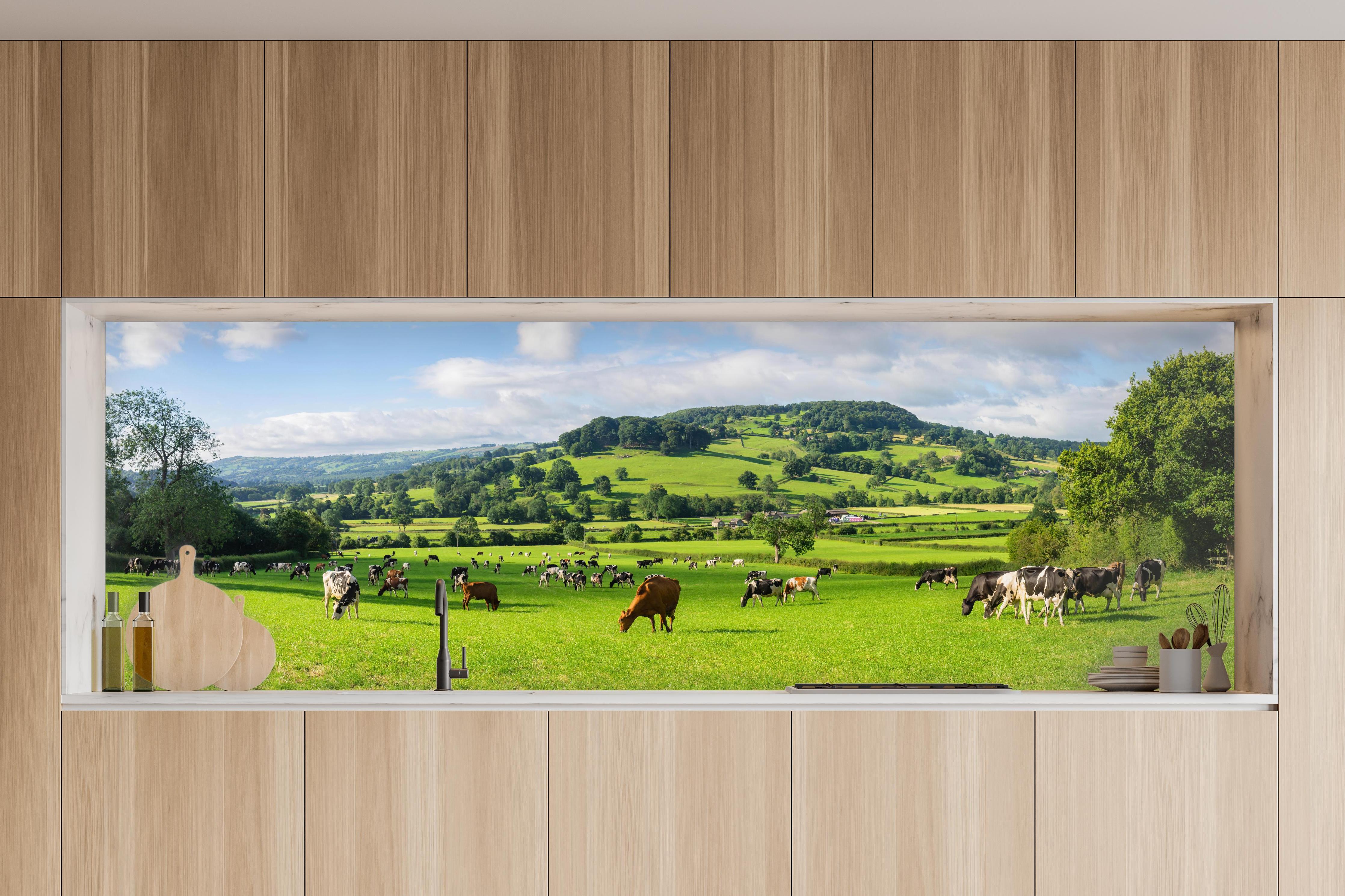 Küche - Grüne Weide mit Kühen in charakteristischer Vollholz-Küche mit modernem Gasherd