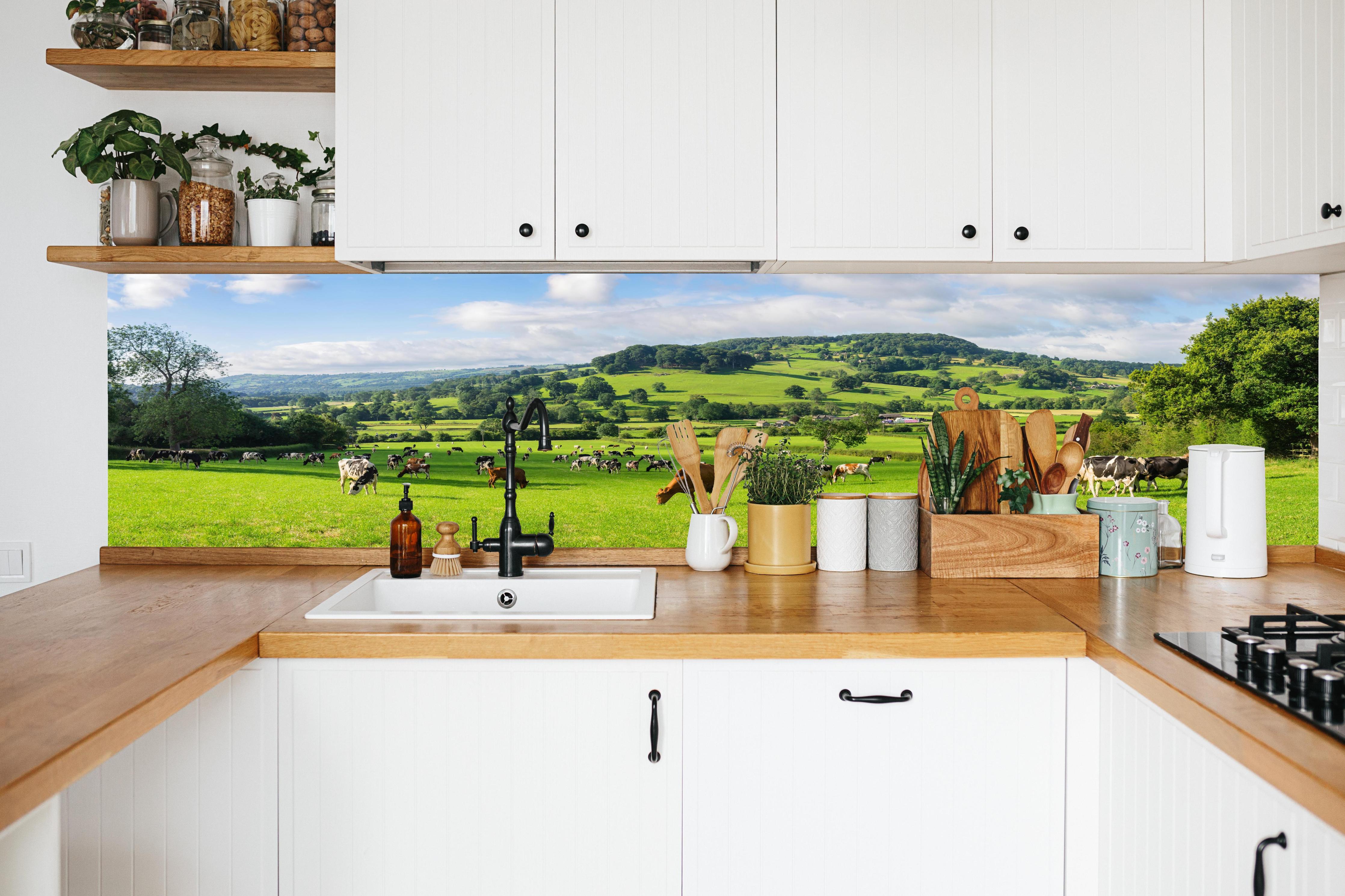 Küche - Grüne Weide mit Kühen in weißer Küche hinter Gewürzen und Kochlöffeln aus Holz