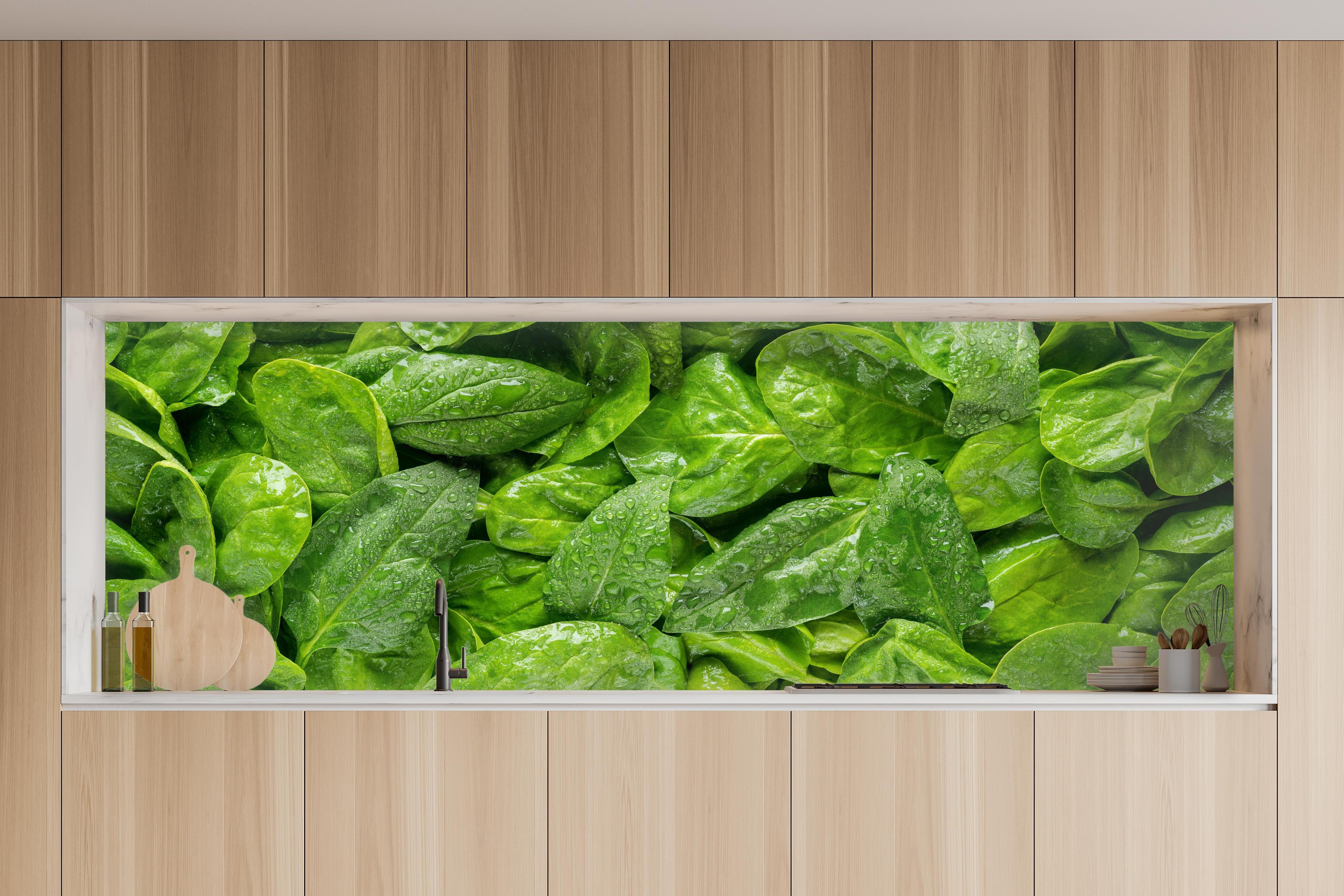 Küche - Grünes Kräuterblatt-Muster in charakteristischer Vollholz-Küche mit modernem Gasherd