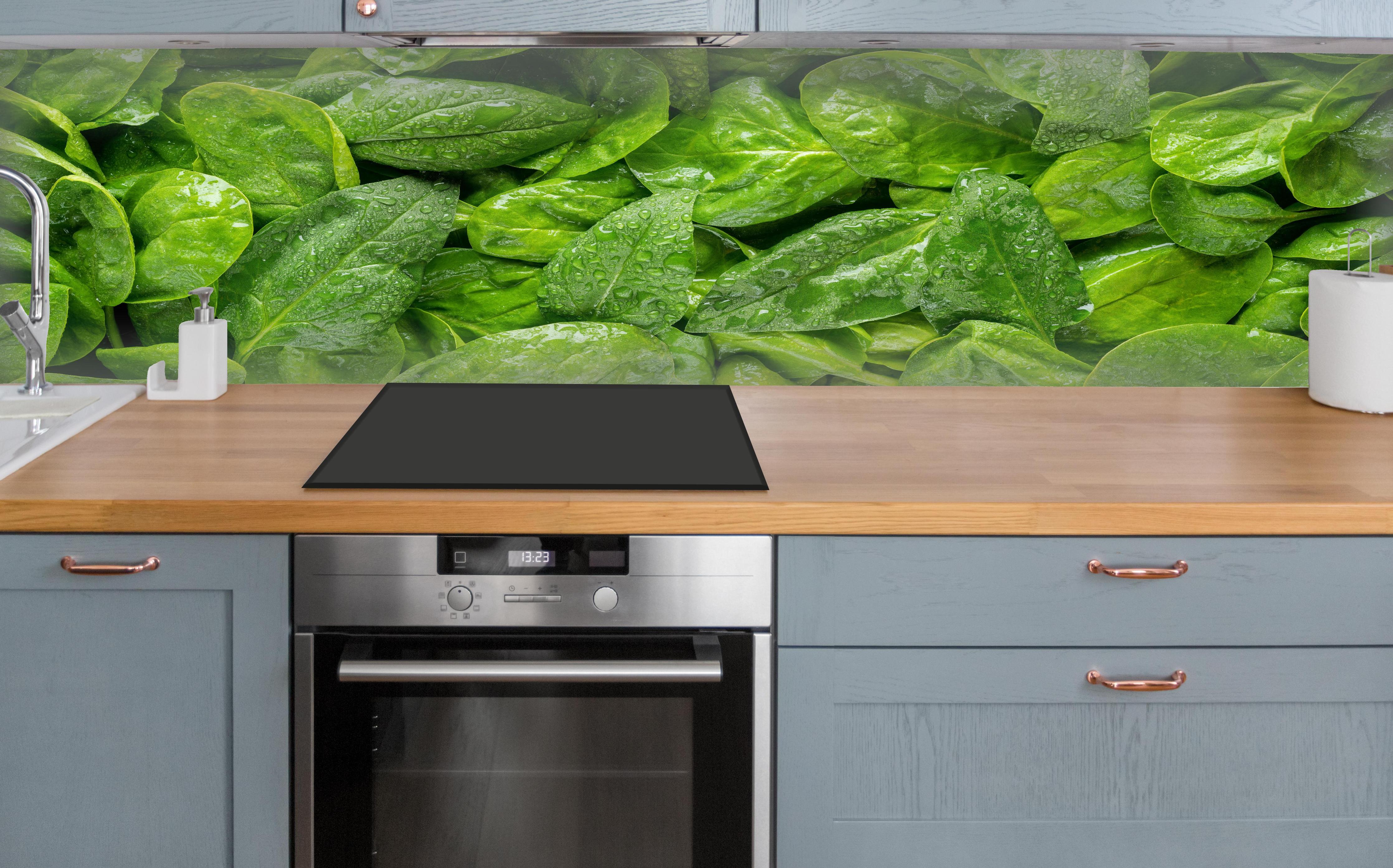 Küche - Grünes Kräuterblatt-Muster über polierter Holzarbeitsplatte mit Cerankochfeld