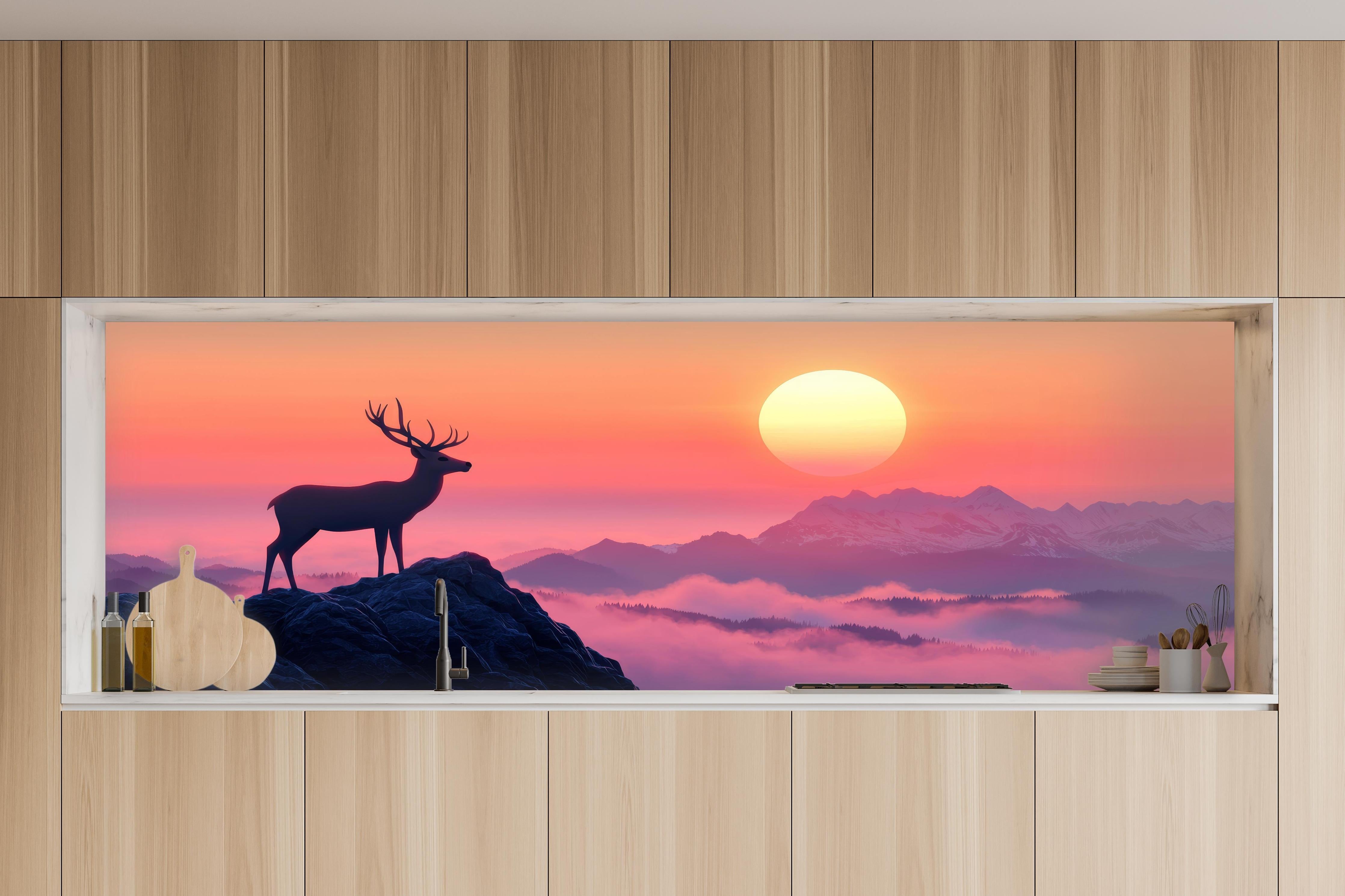 Küche - Hirsch-Silhouette Sonnenaufgang Orange-Pink in charakteristischer Vollholz-Küche mit modernem Gasherd