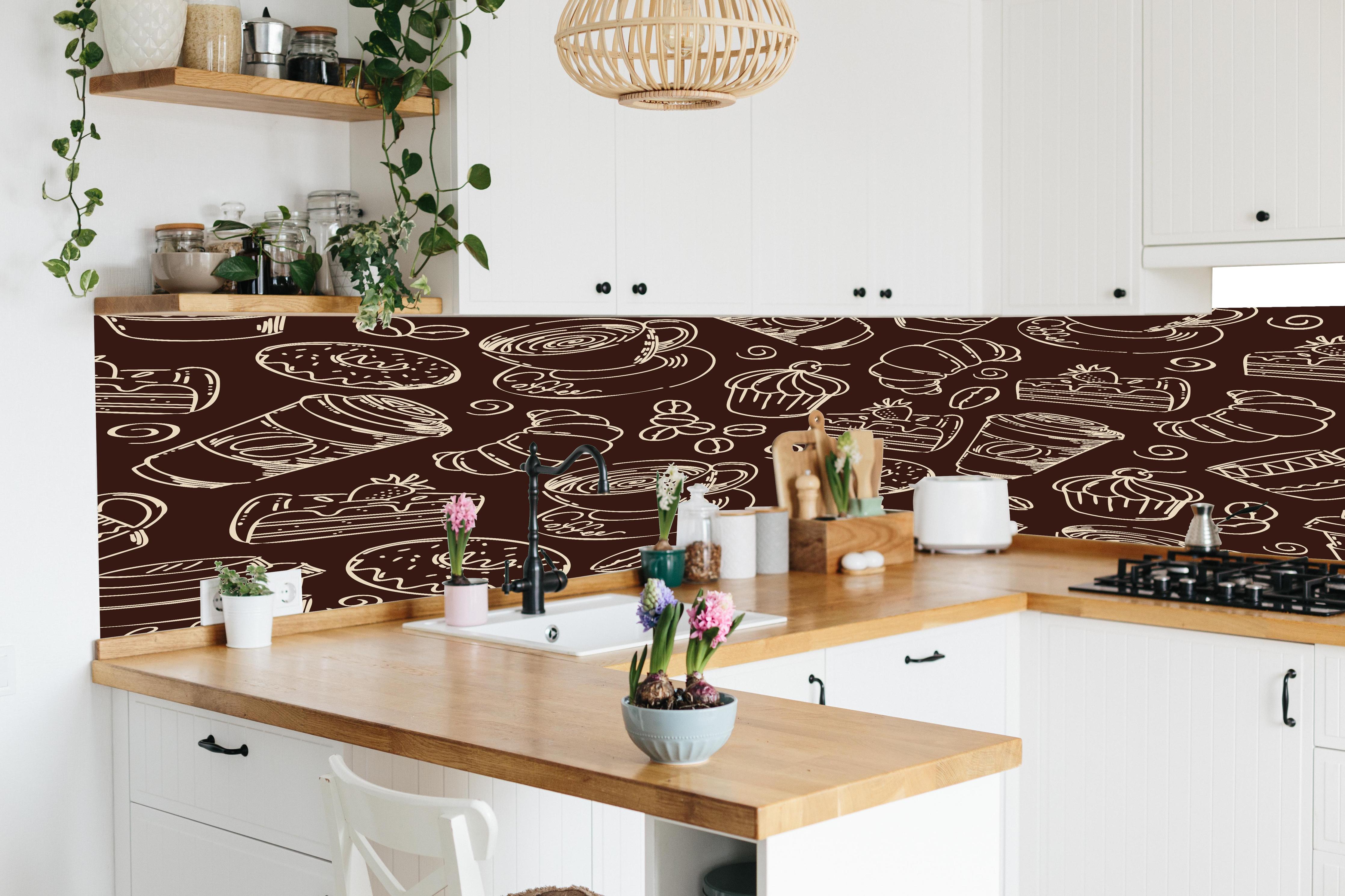 Küche - Kaffee Gebäck Retro Muster Braun in lebendiger Küche mit bunten Blumen
