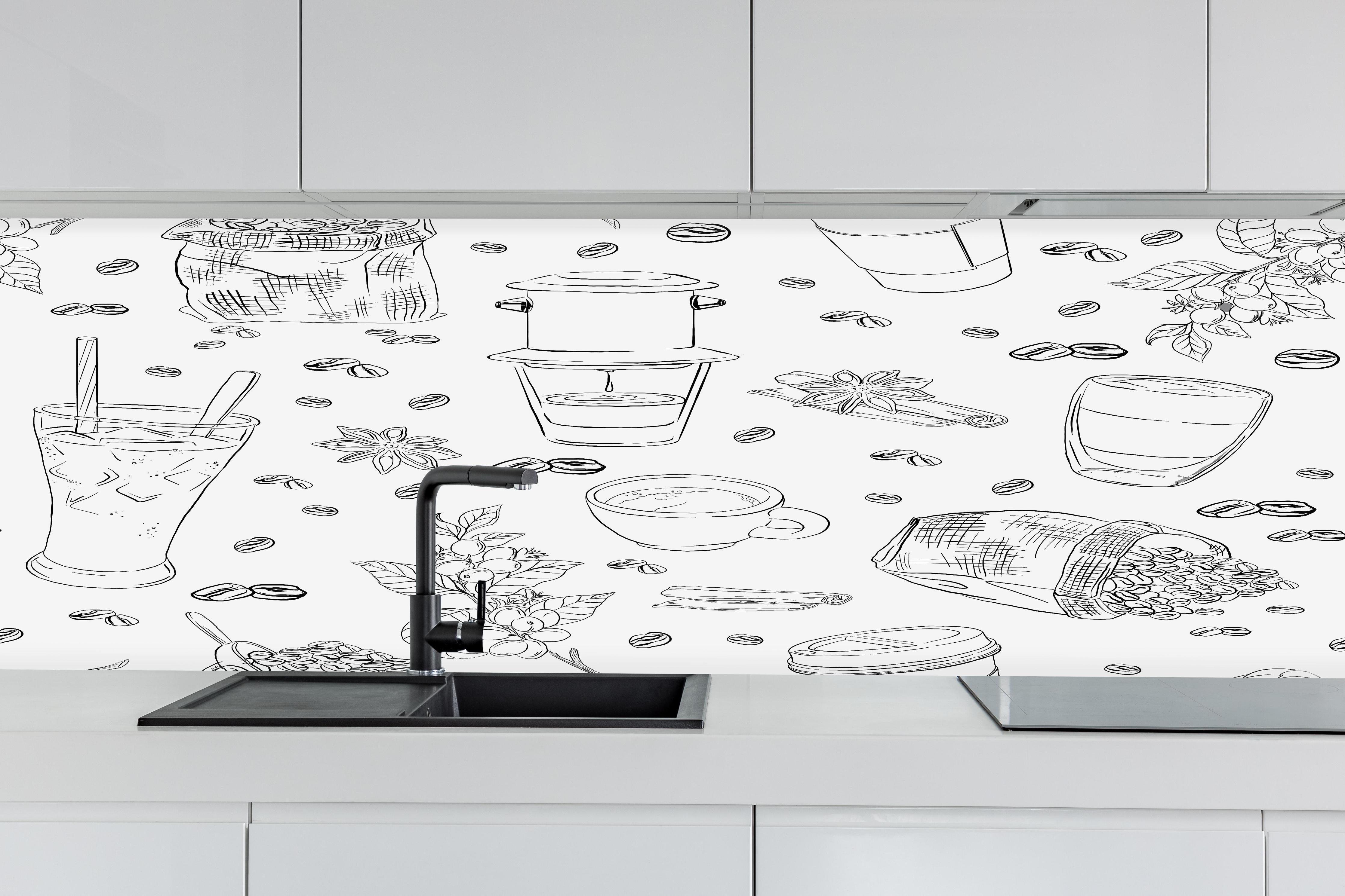 Küche - Kaffee & Gewürze Schwarz-Weiß hinter weißen Hochglanz-Küchenregalen und schwarzem Wasserhahn