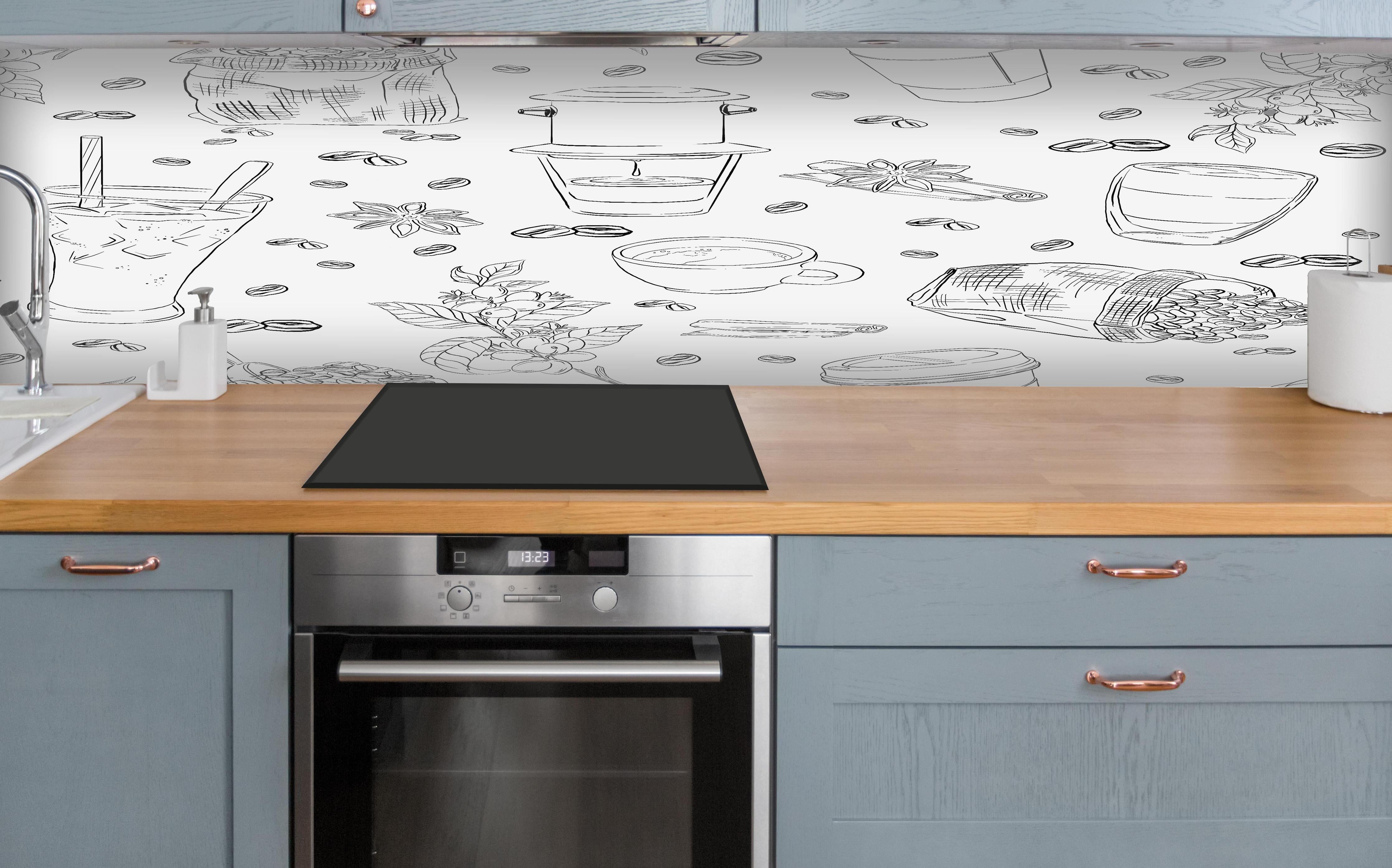 Küche - Kaffee & Gewürze Schwarz-Weiß über polierter Holzarbeitsplatte mit Cerankochfeld