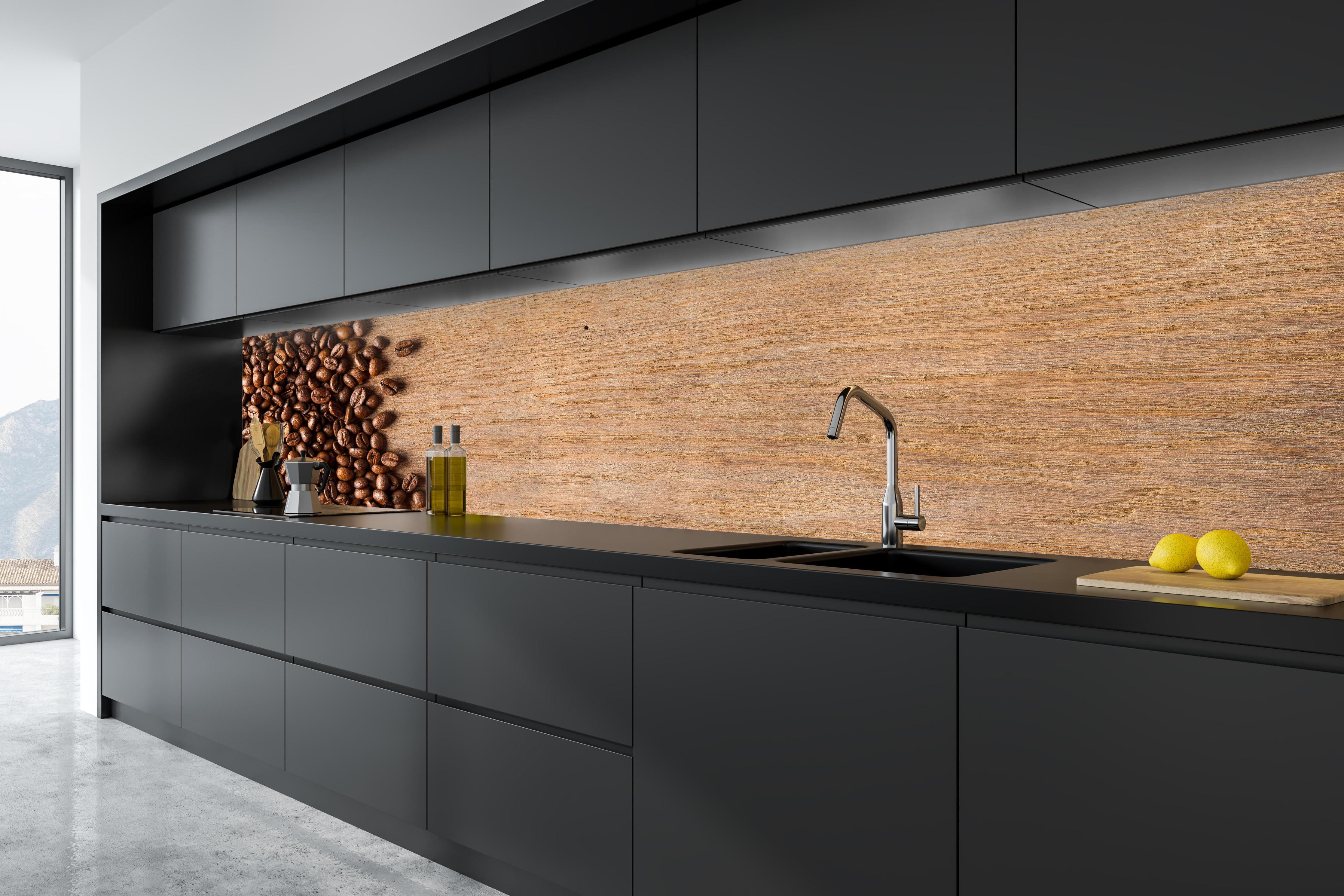 Küche - Kaffeebohnen auf Holz in tiefschwarzer matt-premium Einbauküche