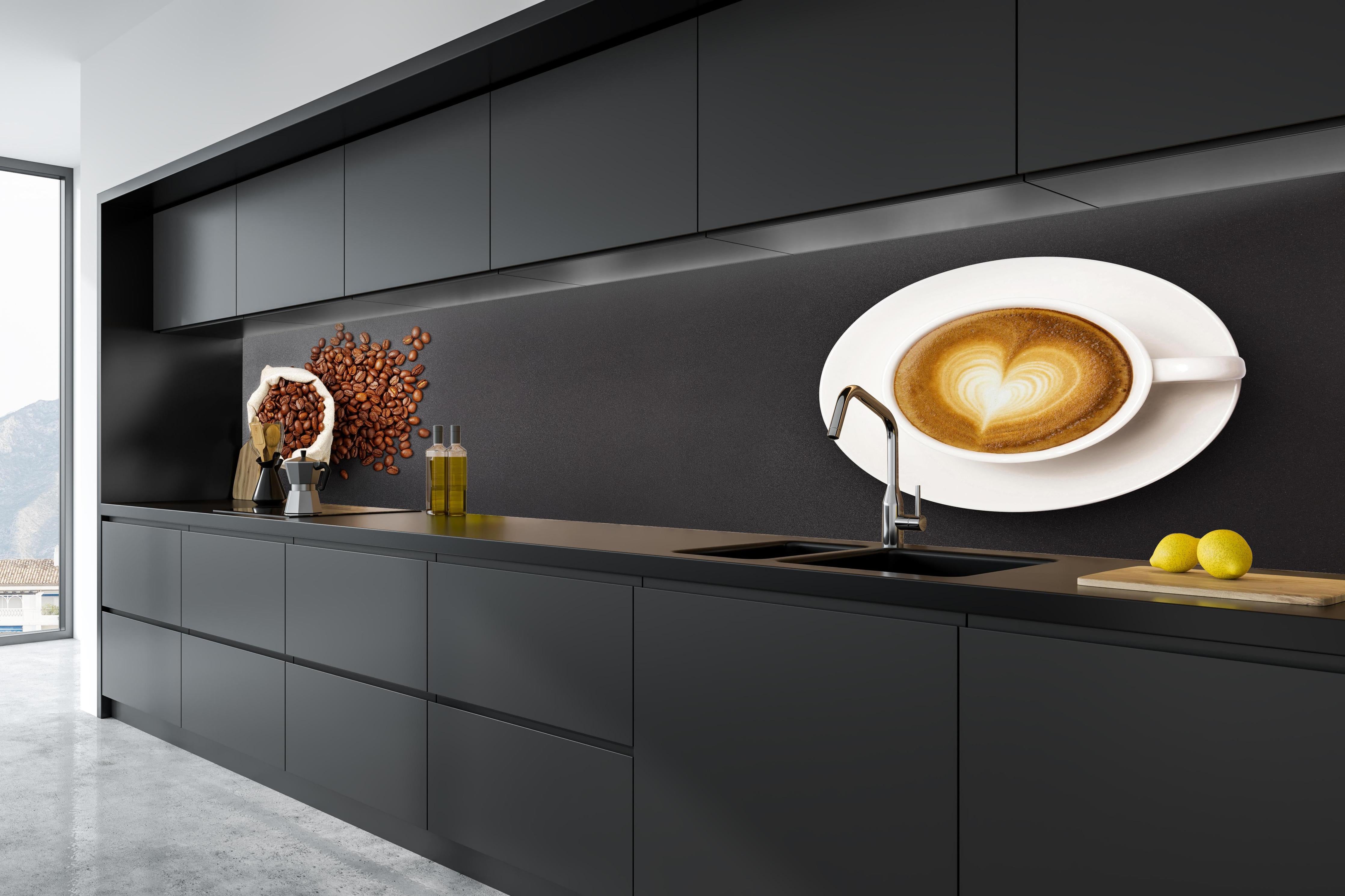 Küche - Kaffeebohnen und Cappuccino Braun-Weiß in tiefschwarzer matt-premium Einbauküche