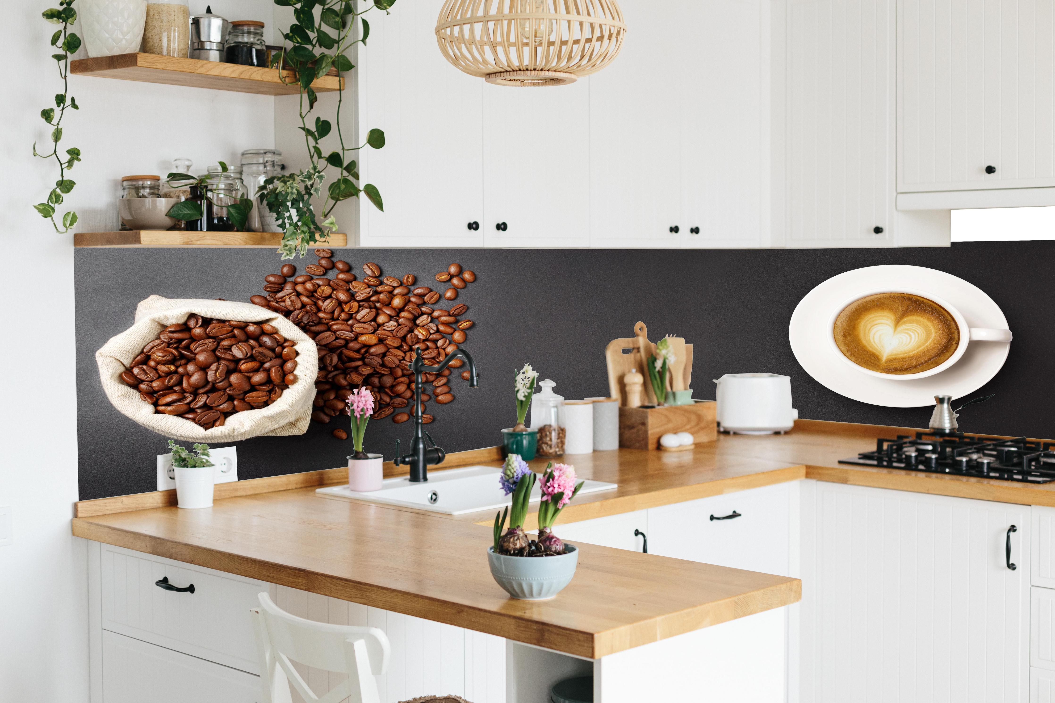 Küche - Kaffeebohnen und Cappuccino Braun-Weiß in lebendiger Küche mit bunten Blumen