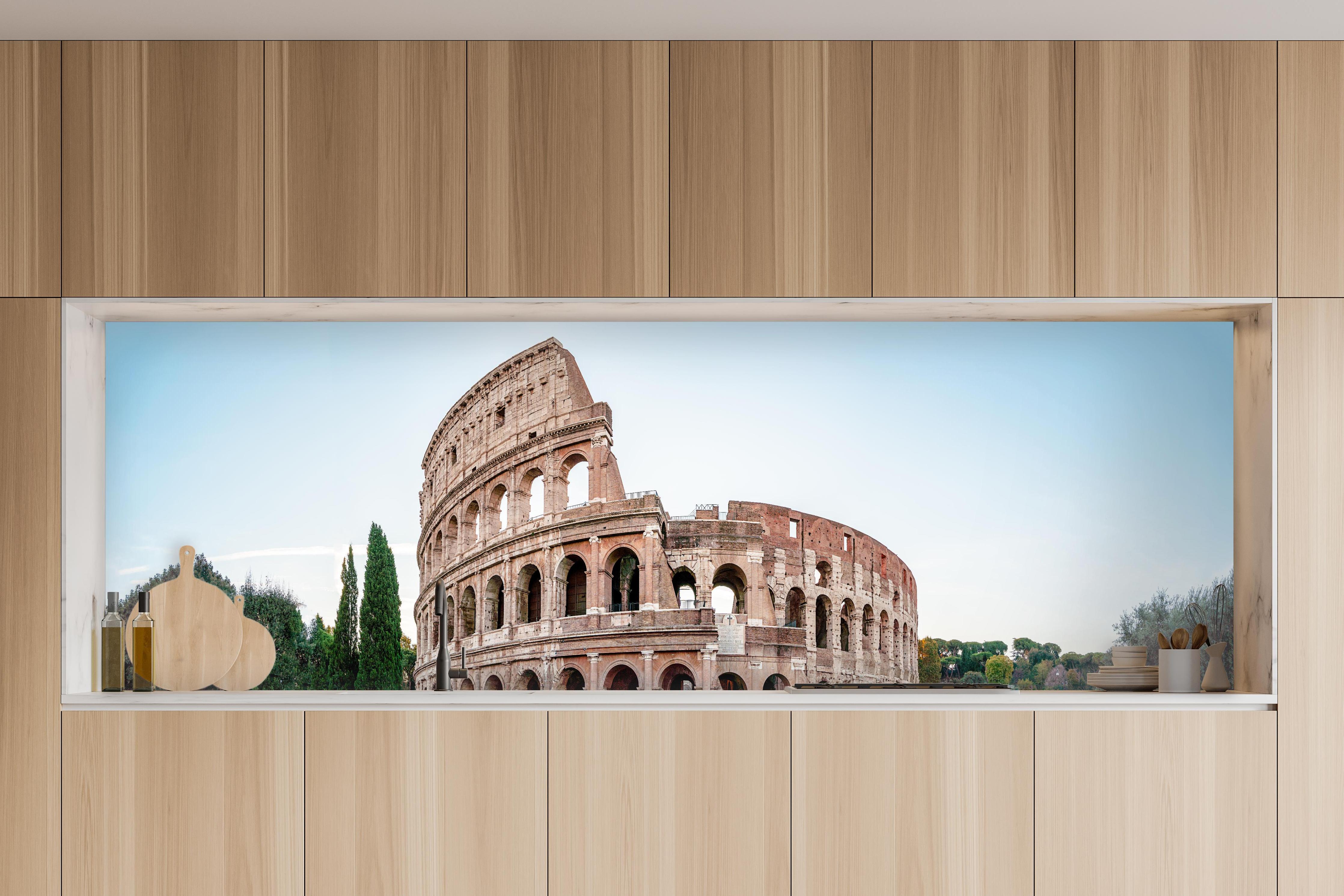 Küche - Kolosseum Panorama Rom Beige-Blau in charakteristischer Vollholz-Küche mit modernem Gasherd