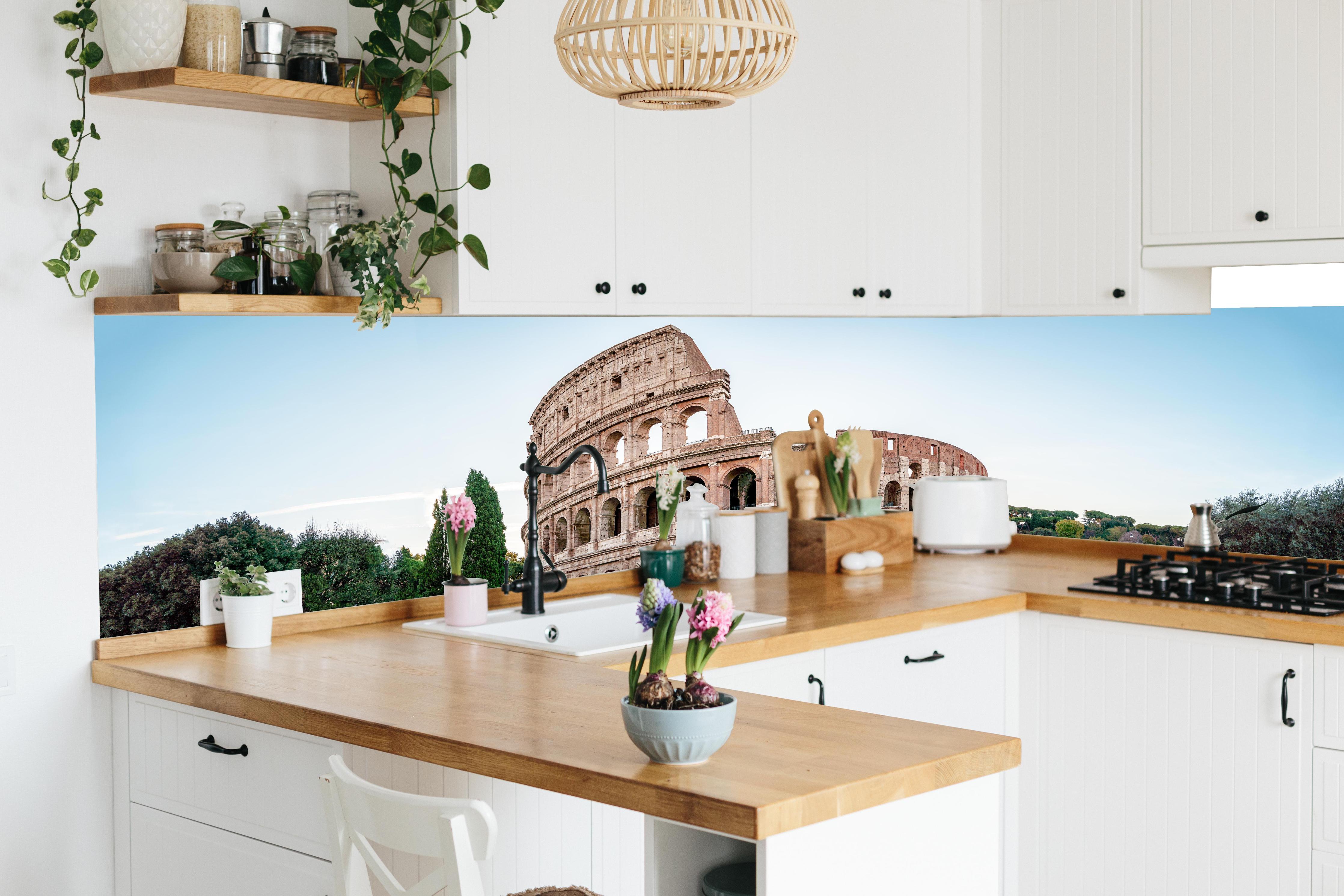 Küche - Kolosseum Panorama Rom Beige-Blau in lebendiger Küche mit bunten Blumen