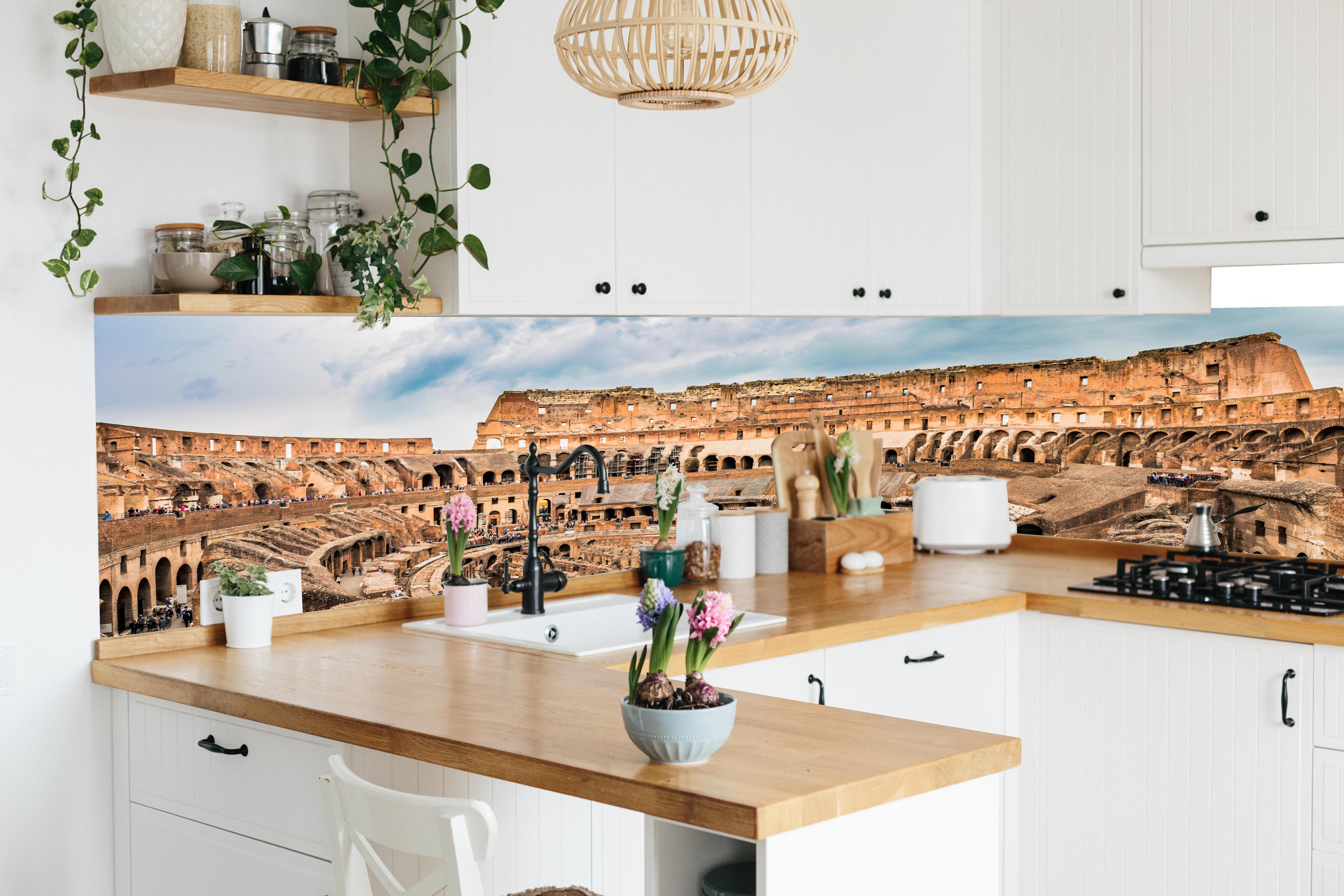 Küche - Kolosseum Panorama in Beige in lebendiger Küche mit bunten Blumen