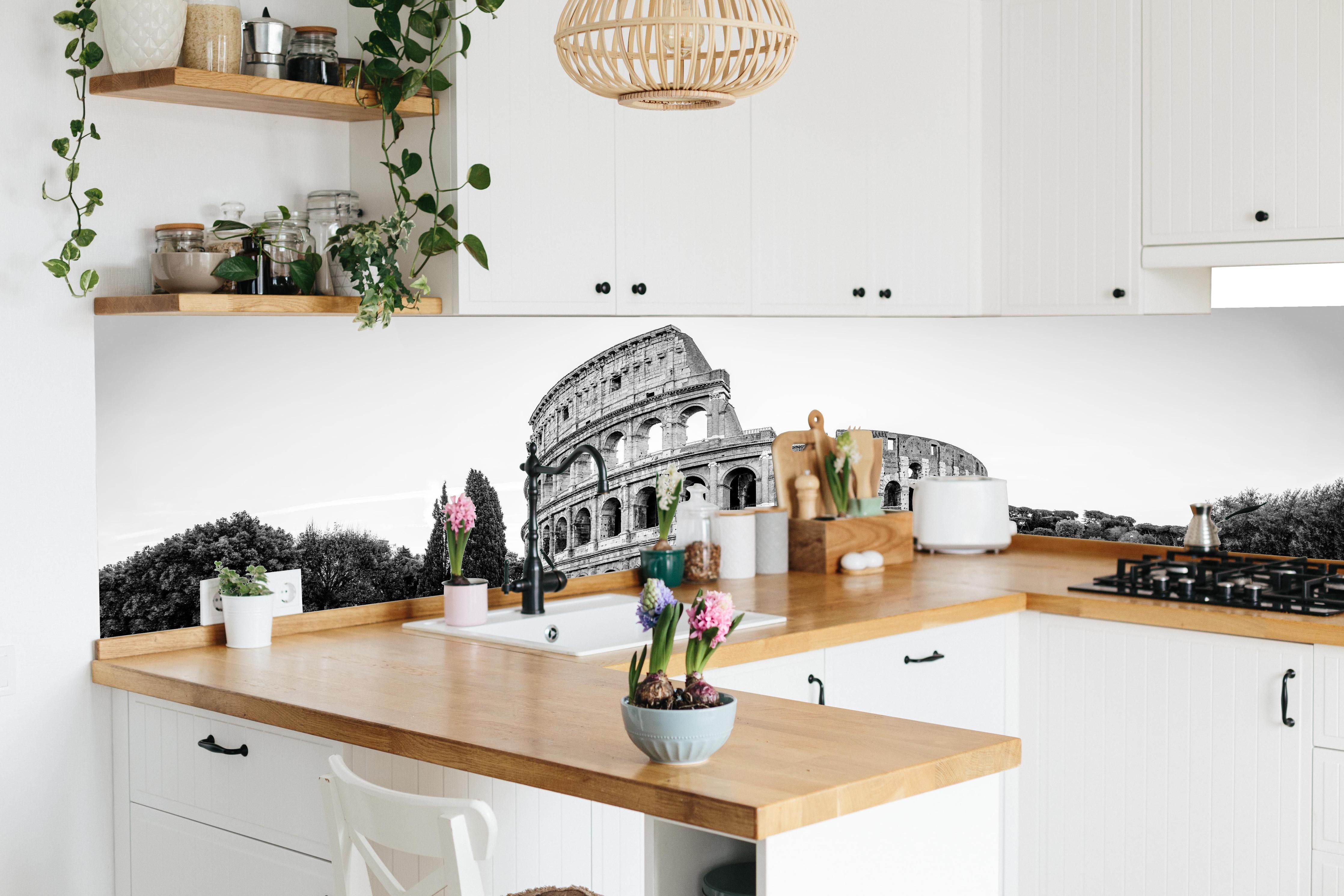 Küche - Kolosseum Schwarz-Weiß Panorama in lebendiger Küche mit bunten Blumen