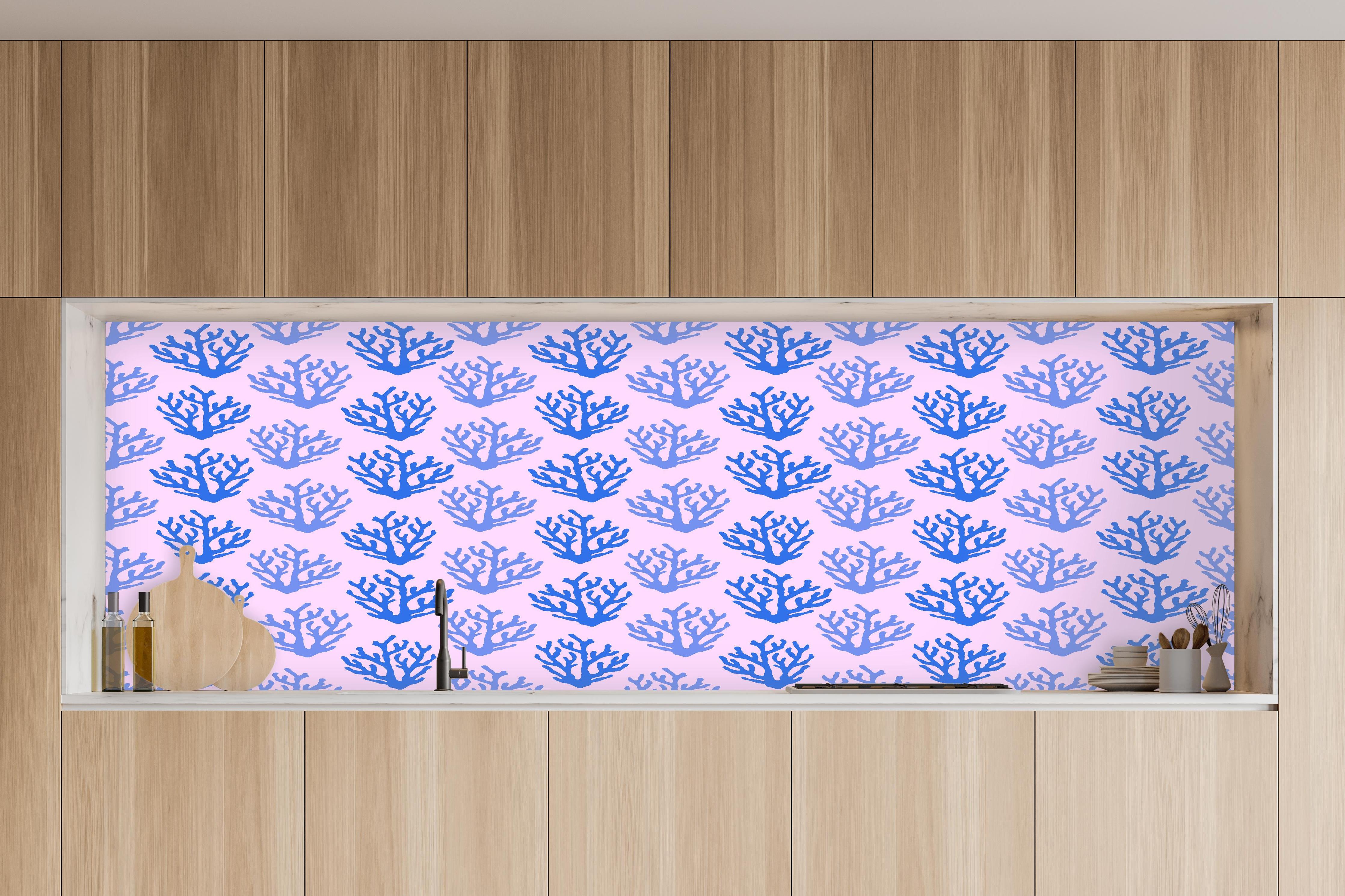Küche - Korallenmuster Blau-Rosa in charakteristischer Vollholz-Küche mit modernem Gasherd