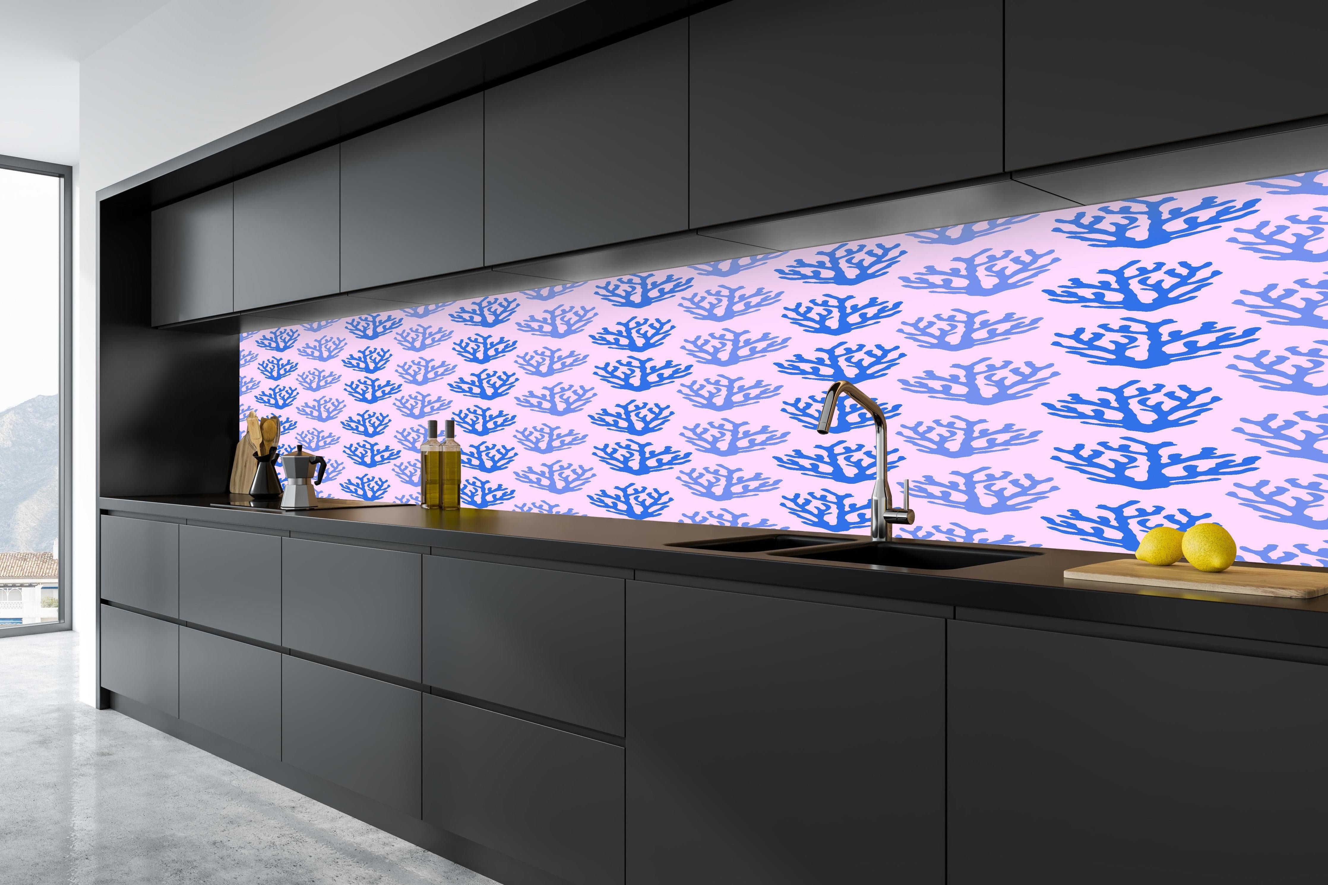 Küche - Korallenmuster Blau-Rosa in tiefschwarzer matt-premium Einbauküche