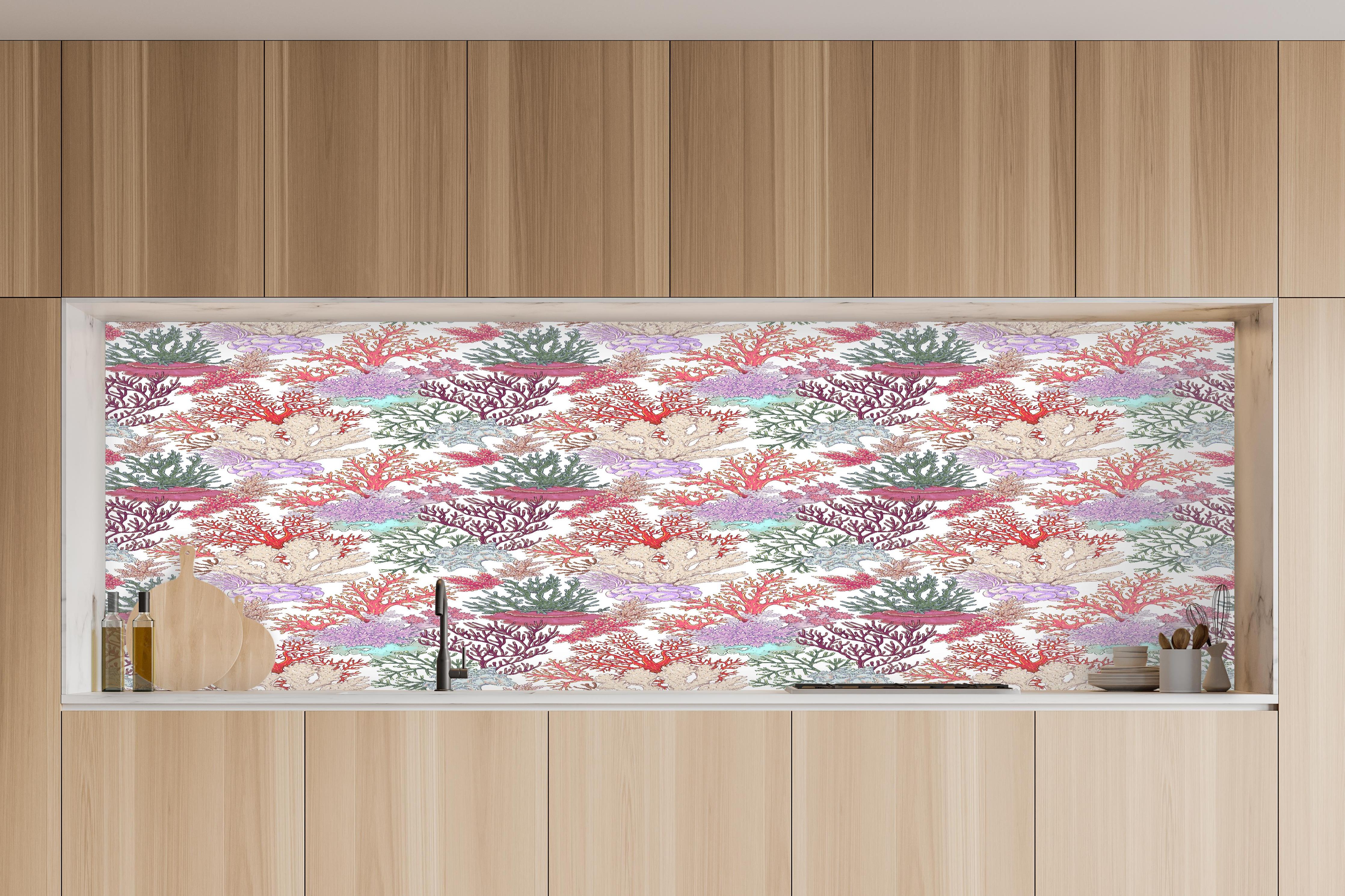 Küche - Korallenmuster Rosa-Beige in charakteristischer Vollholz-Küche mit modernem Gasherd