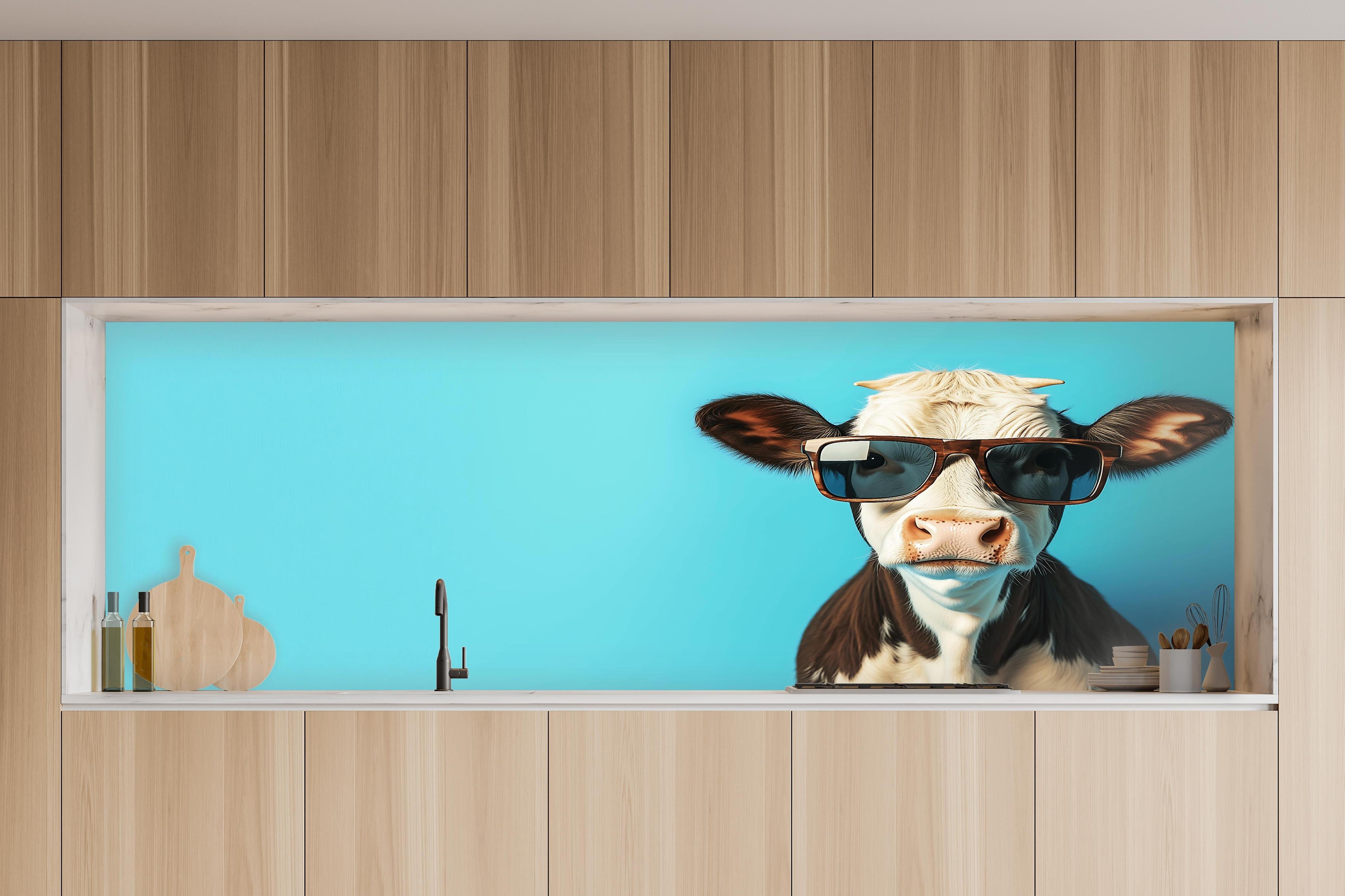 Küche - Kuh mit Sonnenbrille, Türkis in charakteristischer Vollholz-Küche mit modernem Gasherd