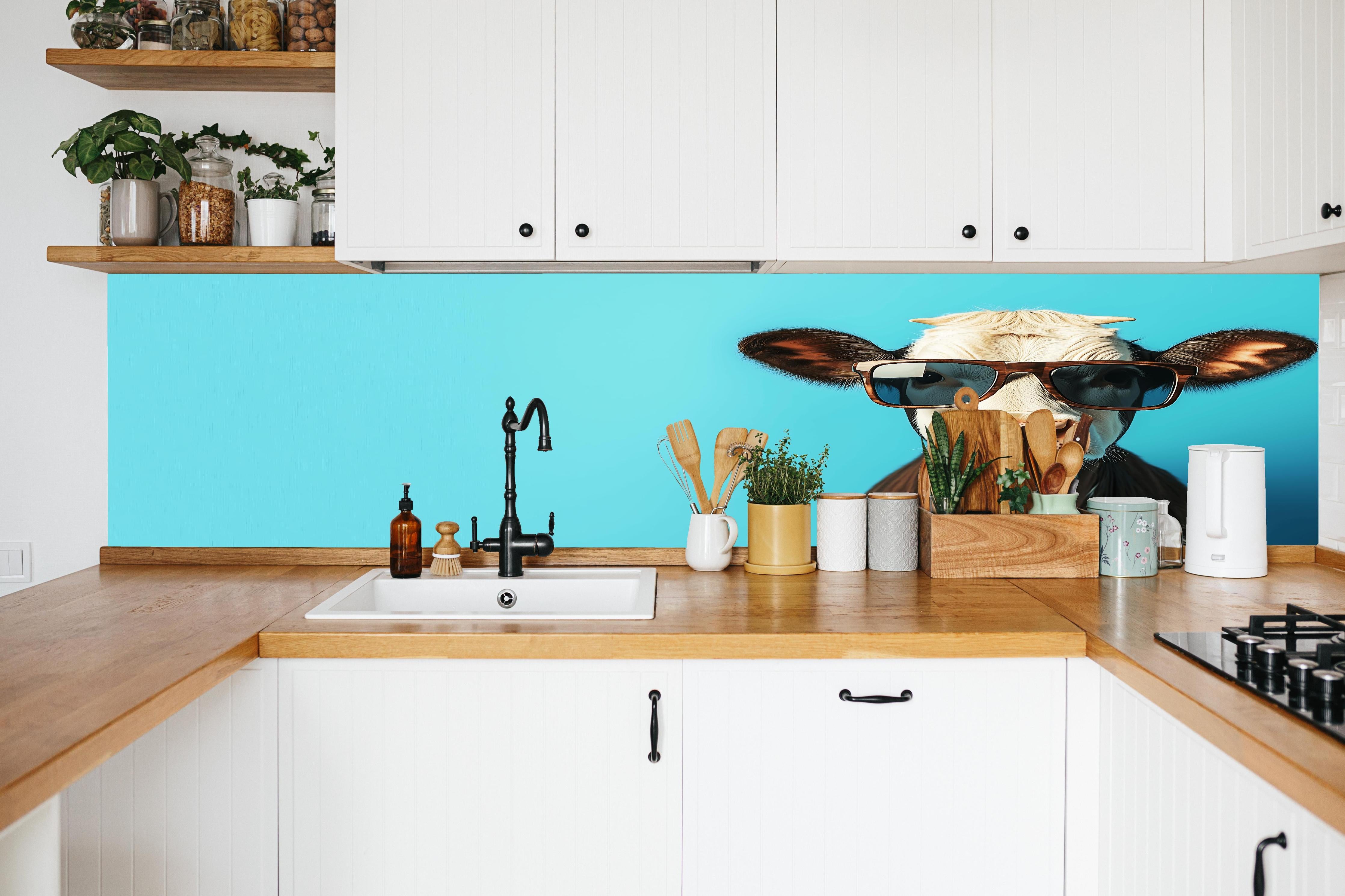 Küche - Kuh mit Sonnenbrille, Türkis in weißer Küche hinter Gewürzen und Kochlöffeln aus Holz