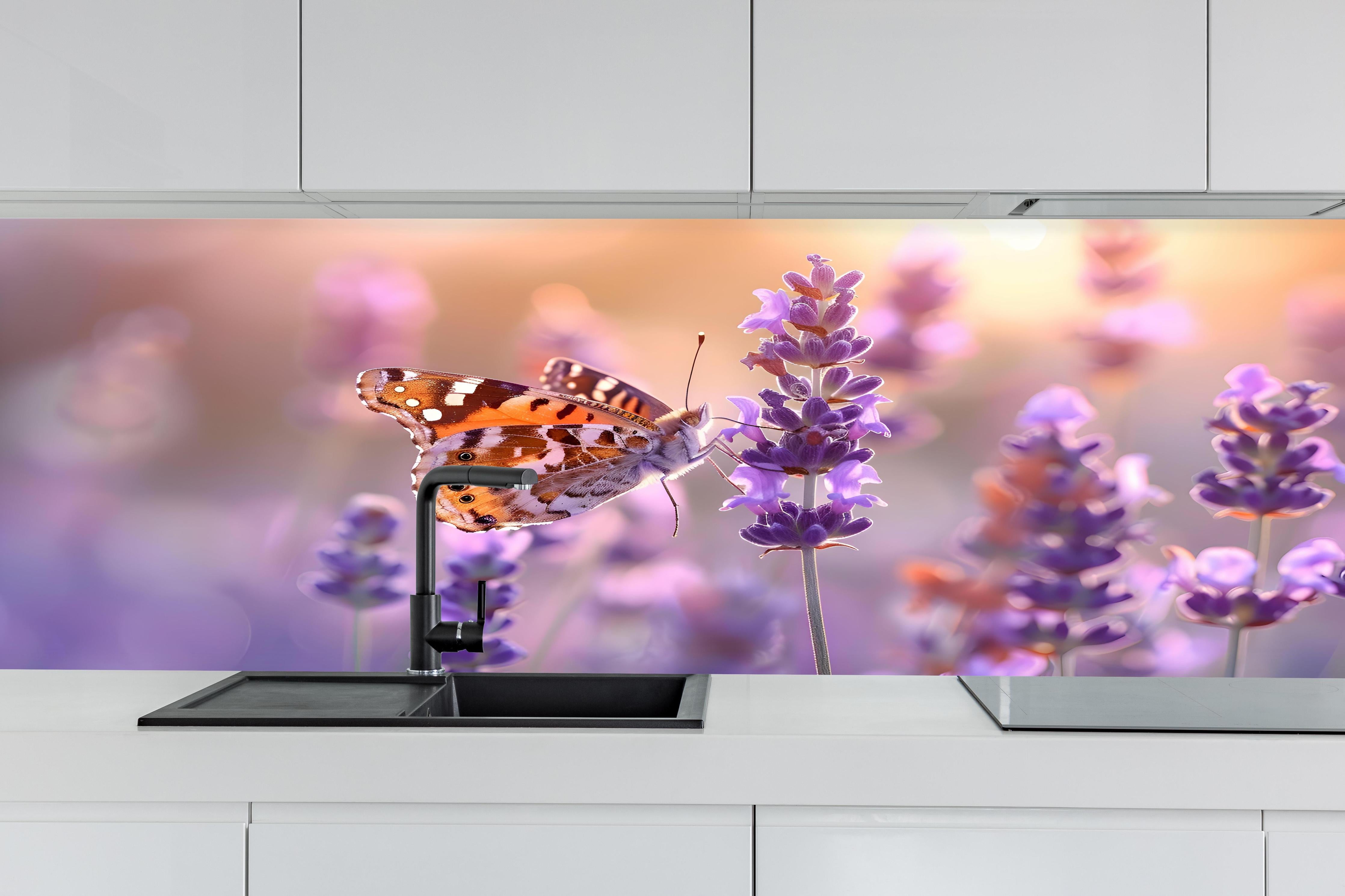 Küche - Lavendel-Schmetterling in Pastell hinter weißen Hochglanz-Küchenregalen und schwarzem Wasserhahn