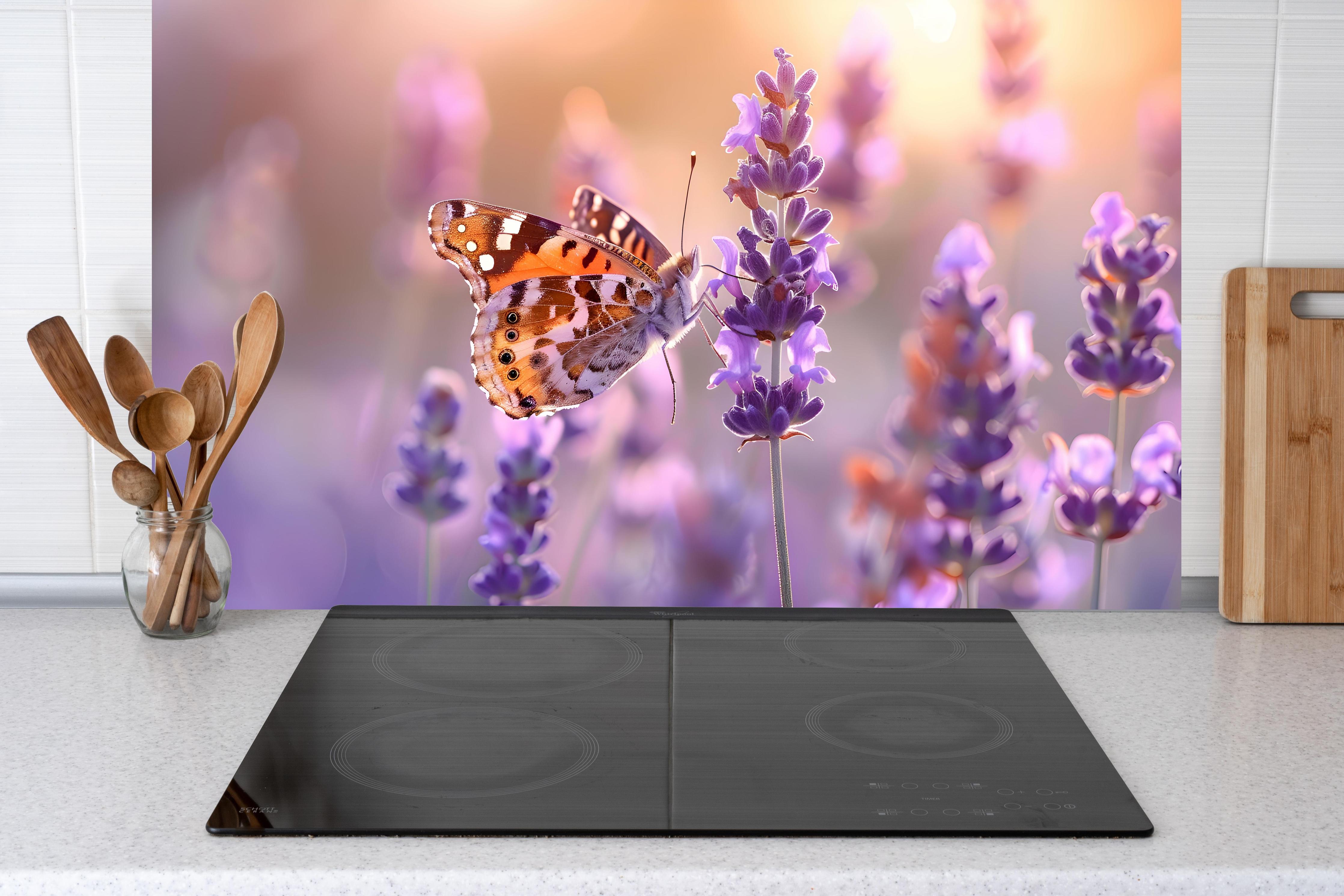 Küche - Lavendel-Schmetterling in Pastell hinter Cerankochfeld und Holz-Kochutensilien