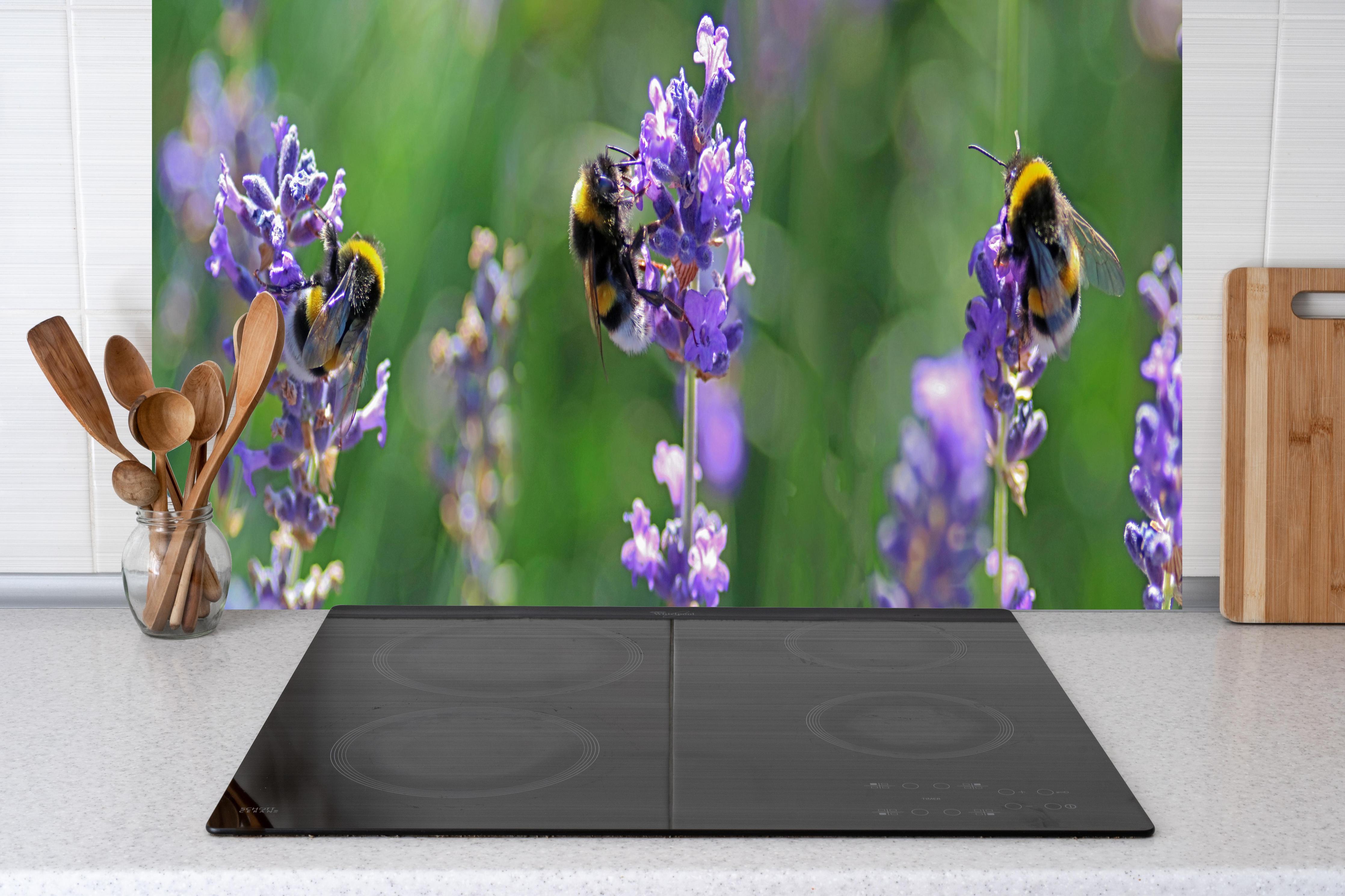 Küche - Lavendelblüten mit Hummeln hinter Cerankochfeld und Holz-Kochutensilien