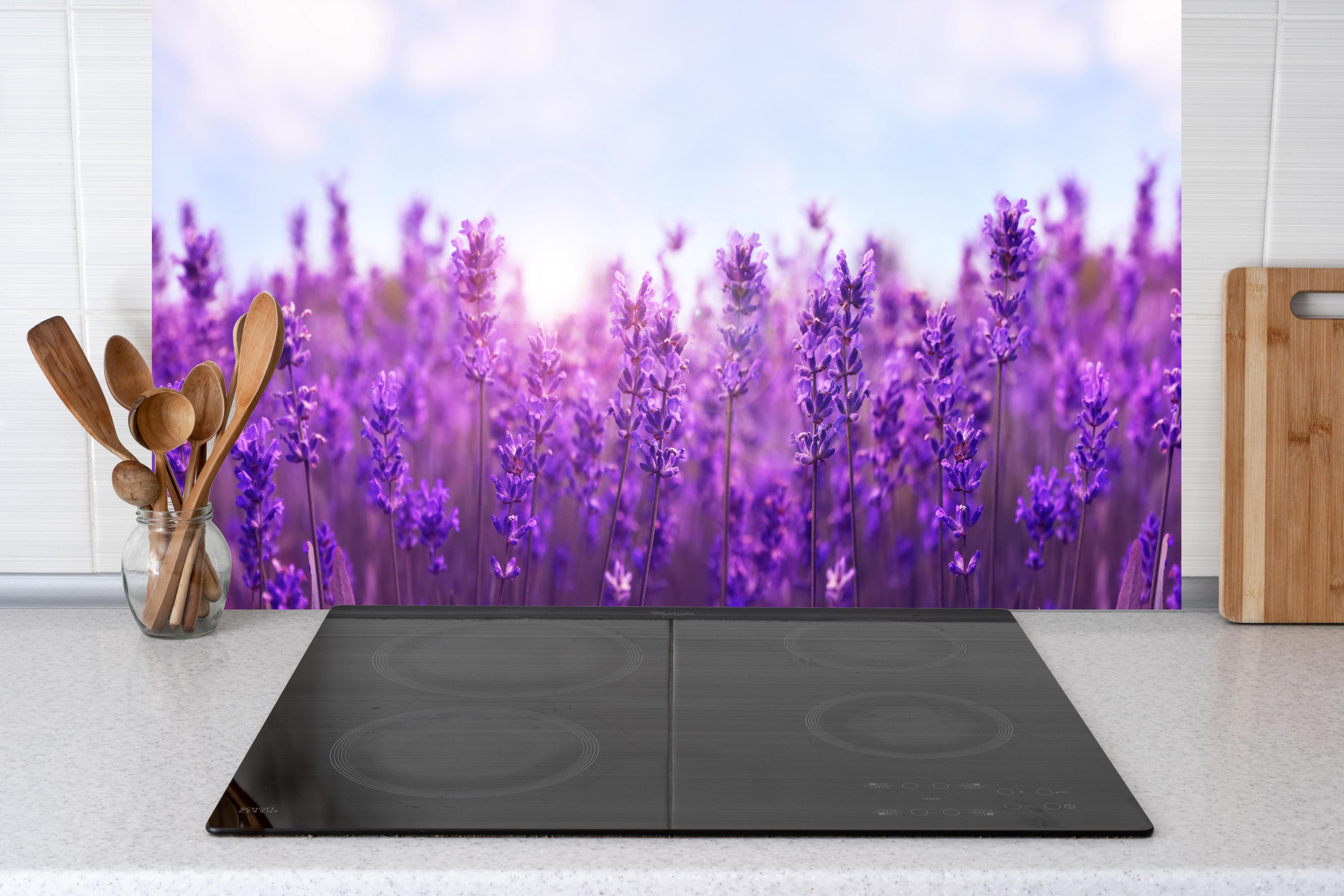 Küche - Lavendelfeld in Lila hinter Cerankochfeld und Holz-Kochutensilien