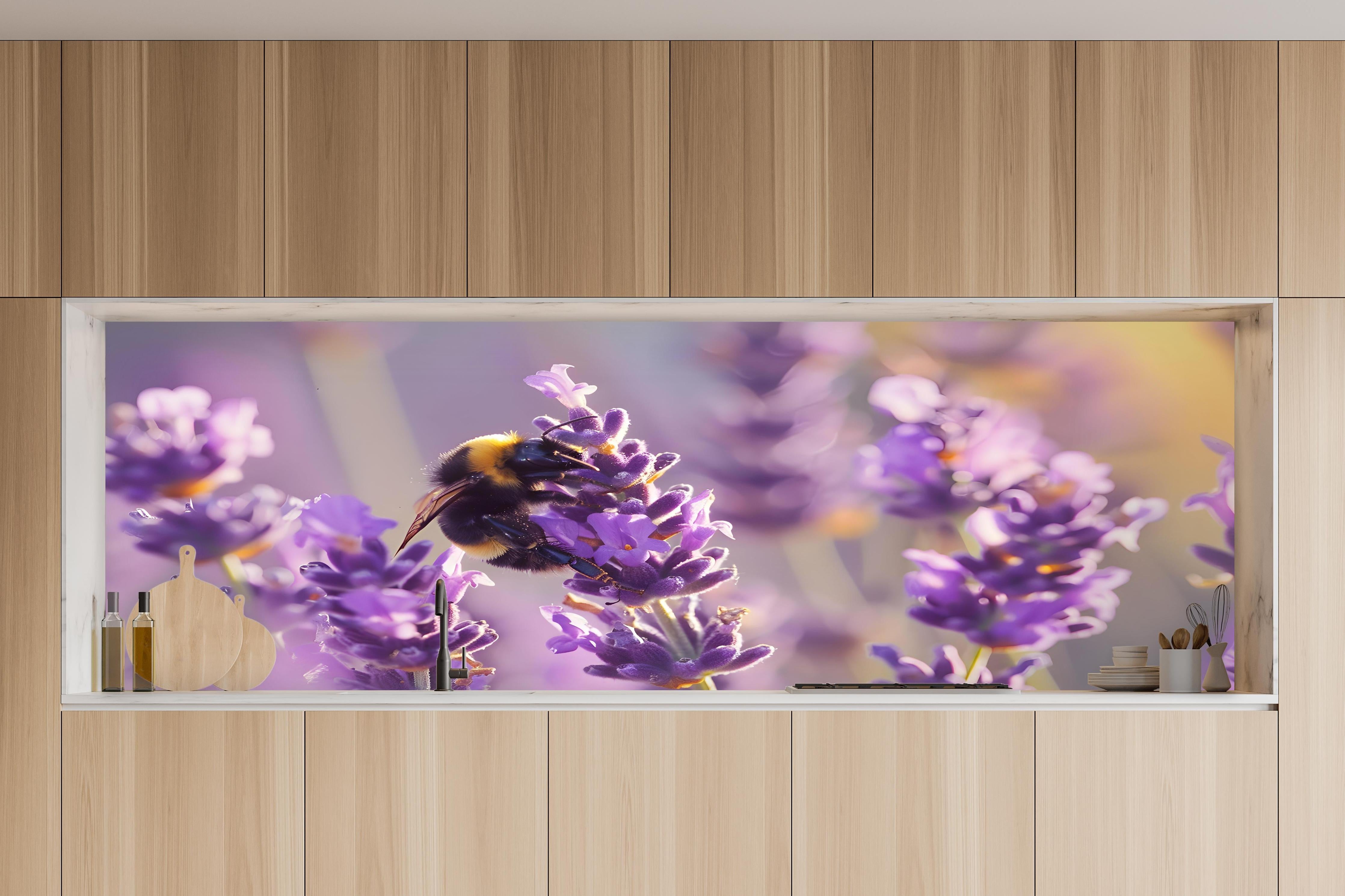 Küche - Lila Lavendel mit Hummel in charakteristischer Vollholz-Küche mit modernem Gasherd