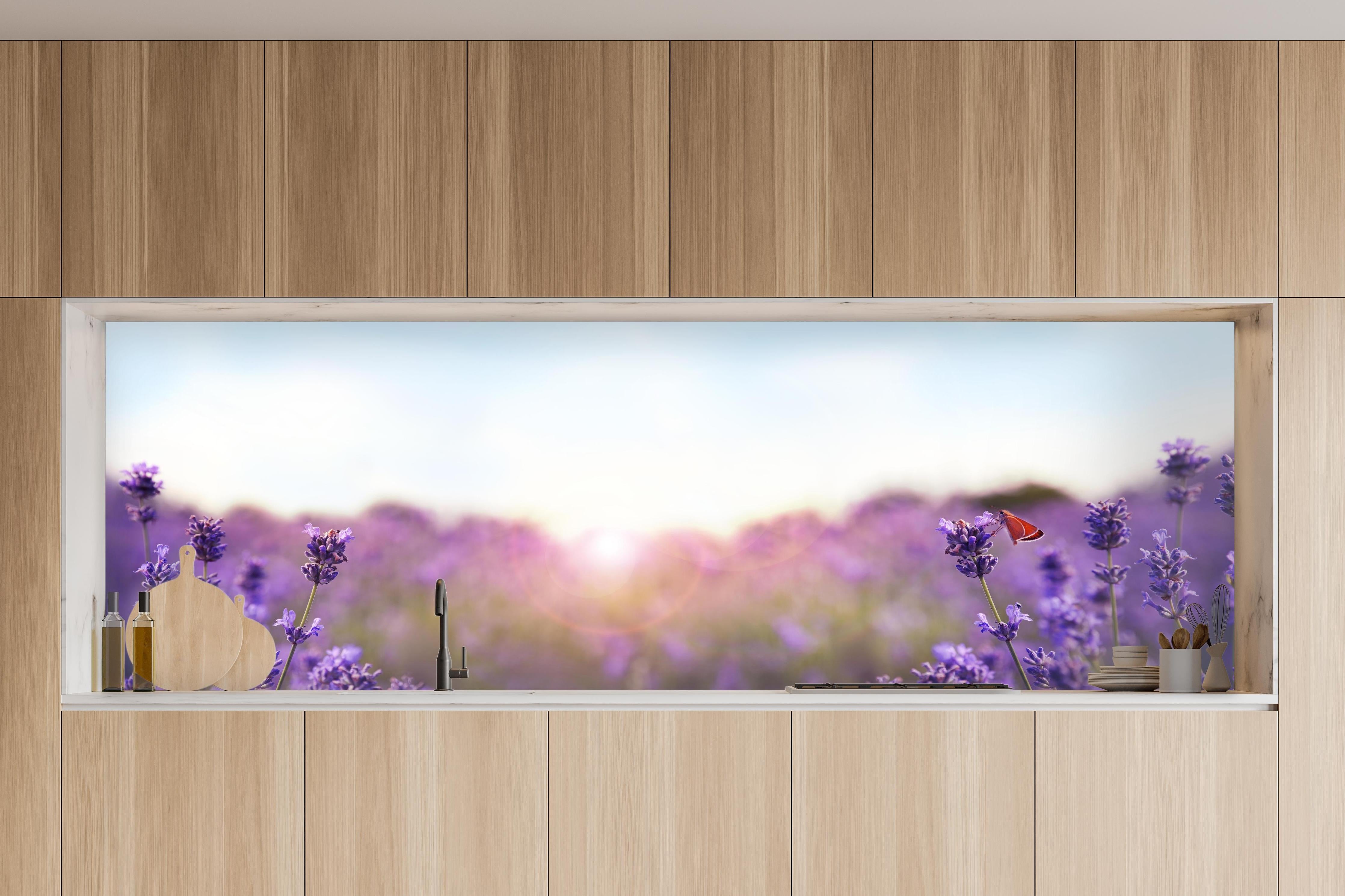 Küche - Lila Lavendelfeld im Morgenlicht in charakteristischer Vollholz-Küche mit modernem Gasherd